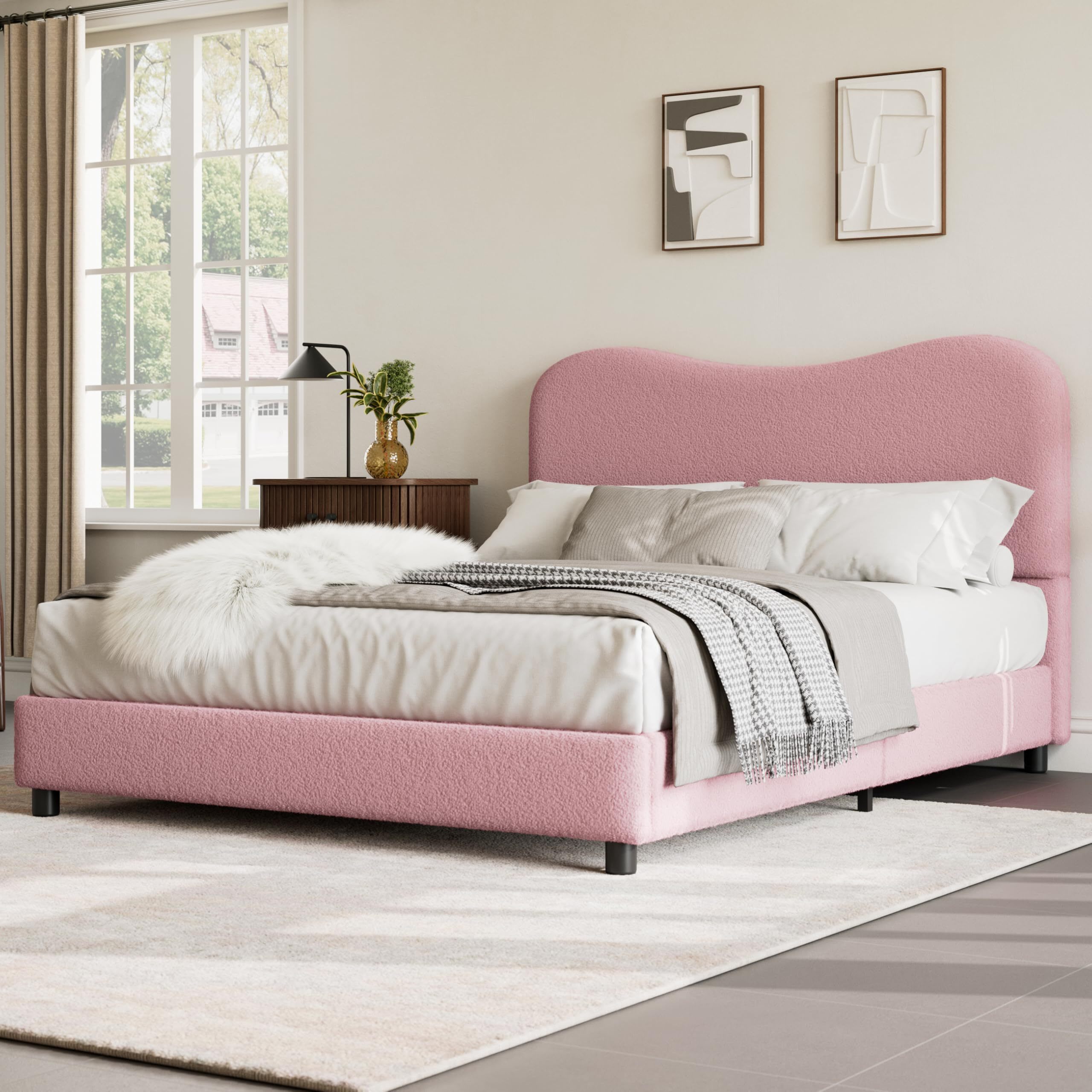 Garvee  Queen Pink Kids Bed Frame with Upholstered Headboard Low Profile Sturdy Platform Bed with Soft Boucle Fabric for Girls and Boys Heavy Duty Wooden Slats Noise Free No Box Spring Needed