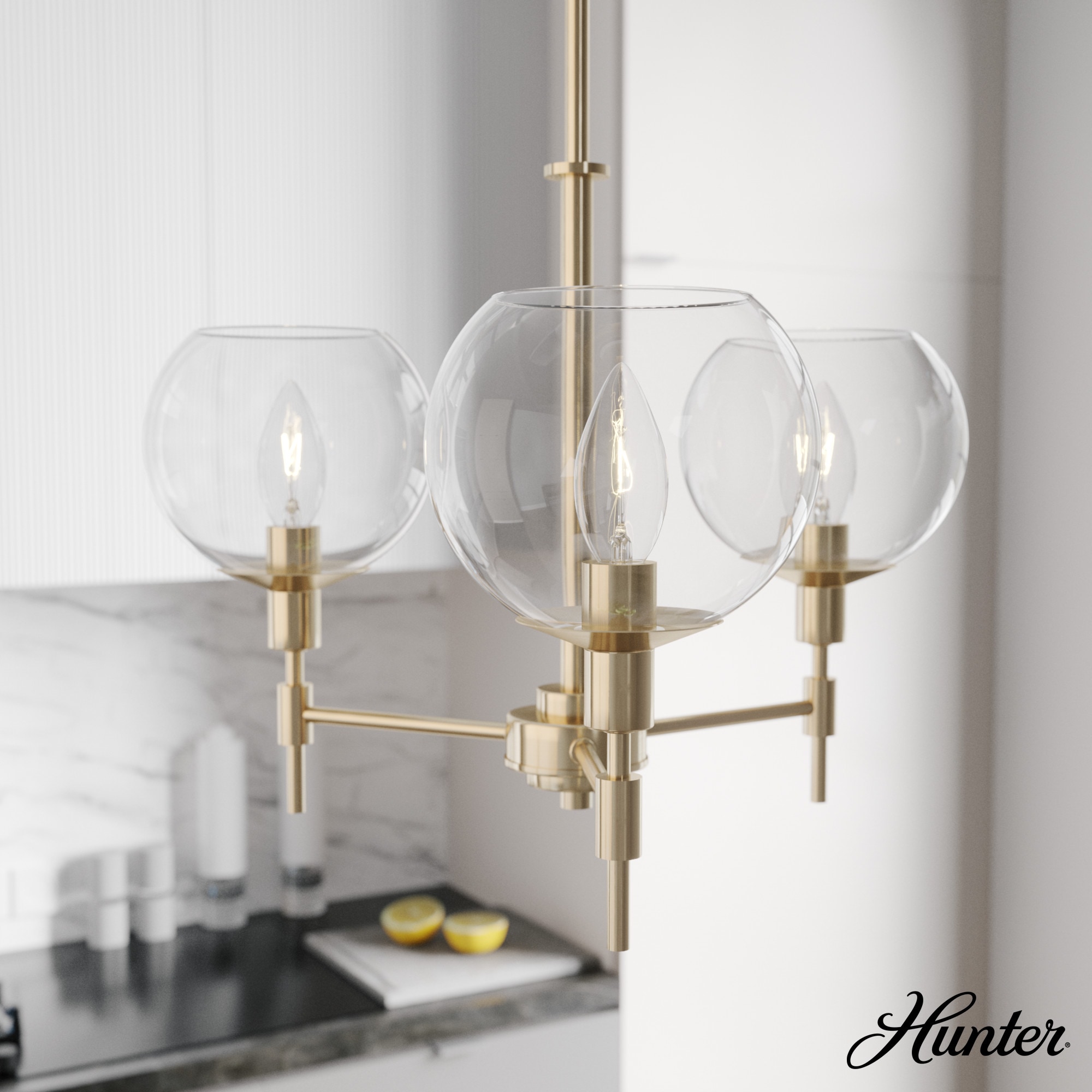 Hunter 19739 Xidane 3 -Light Satin Gold Mid-century Crystal For Use in Bedrooms, Dining Rooms, Foyers, Kitchens, Living Rooms Chandelier