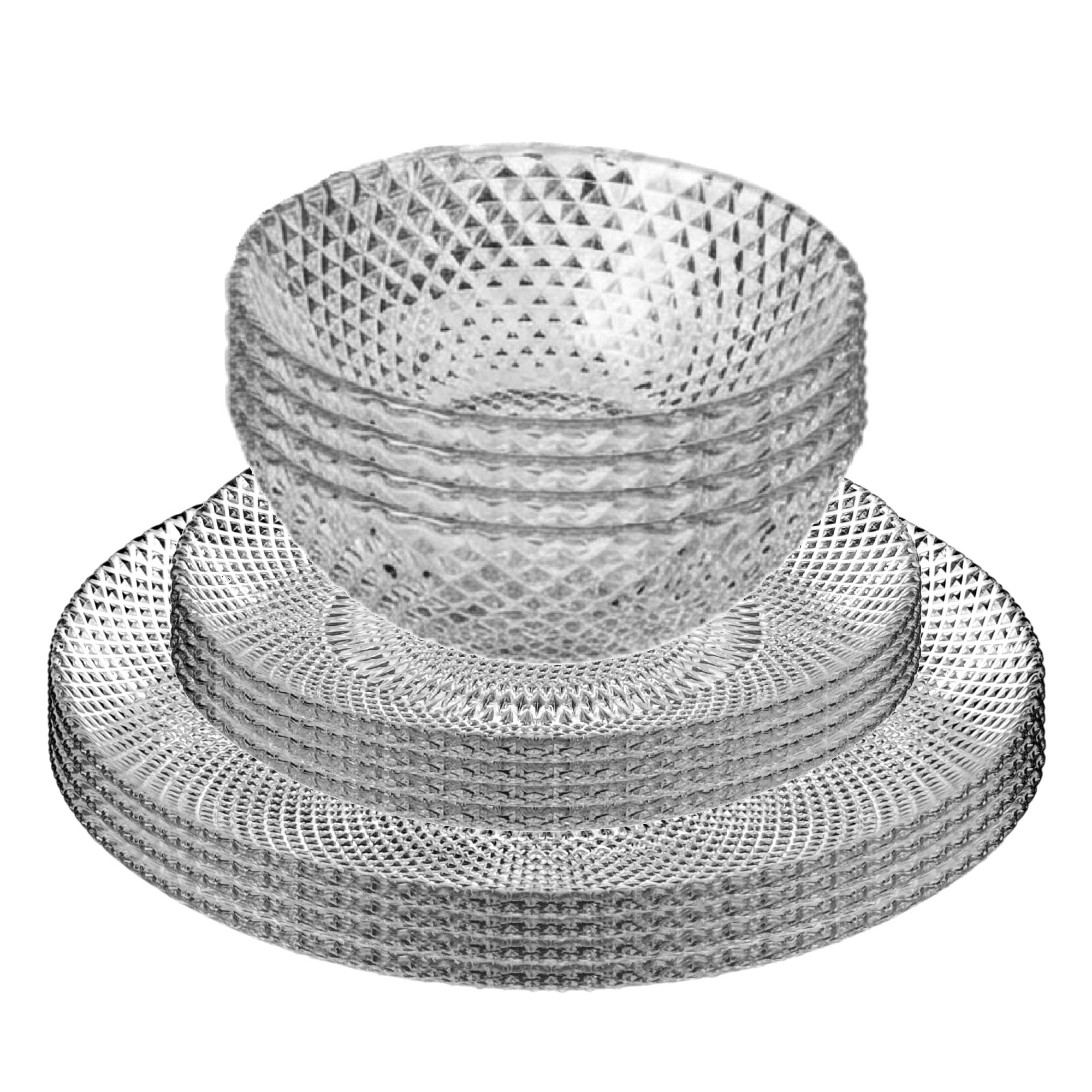 Slickblue Set of 12 Clear Glass Dinnerware Set with Diamond Patterned 4 Dinner Plates 4 Salad Plates or 4 Bowls for Everyday Dining