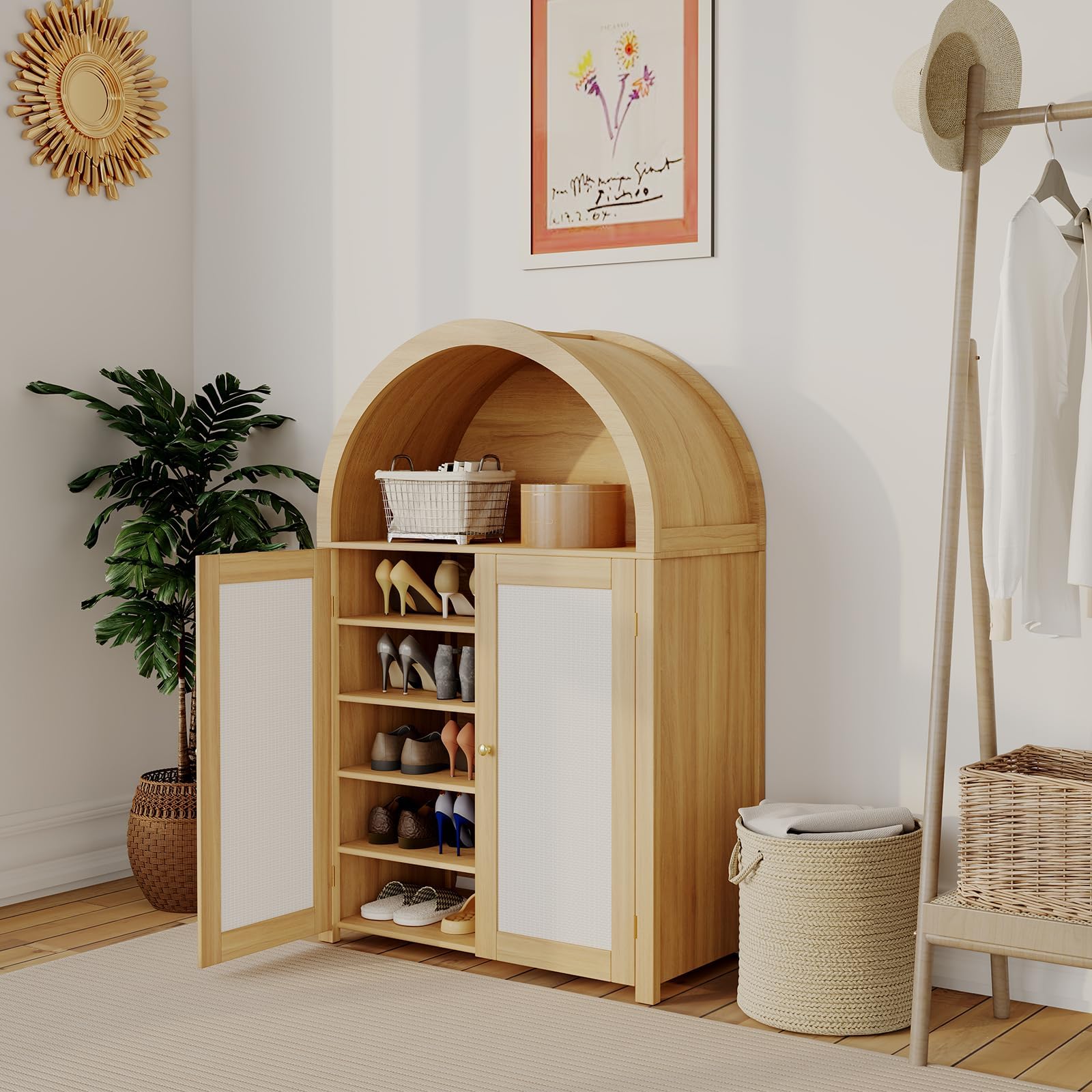 GarveeLife 31.5-in Arched Shoe Cabinet 5-Tier 47.8-in Tall Rattan Shoe Storage Cabinet with 2 Doors Open Shelf Adjustable Shelves