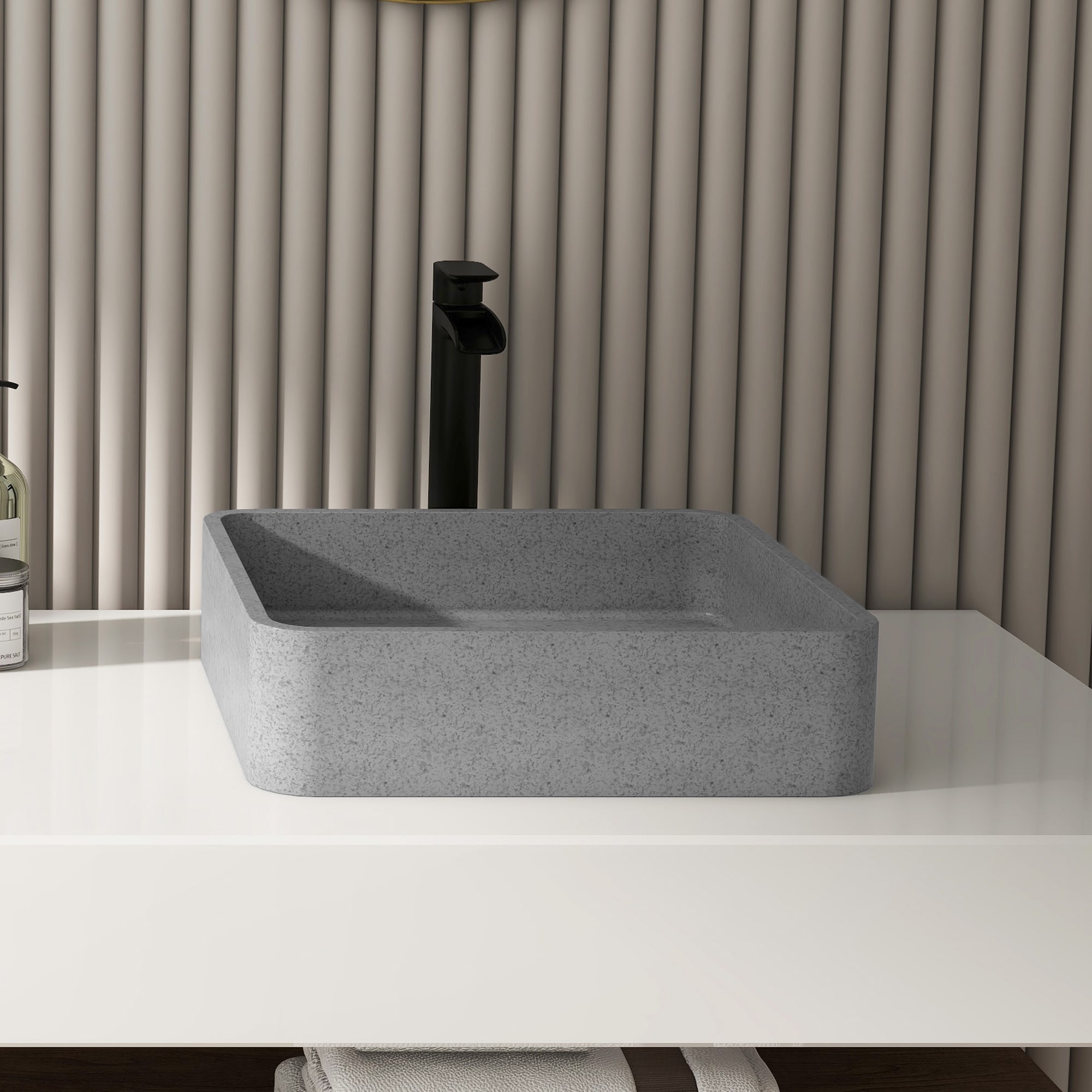 CASAINC CA-VS1020-MB Concrete 15.35-in Vessel Square Rustic Mottled Bluish Grey Bathroom Sink with Drain Included