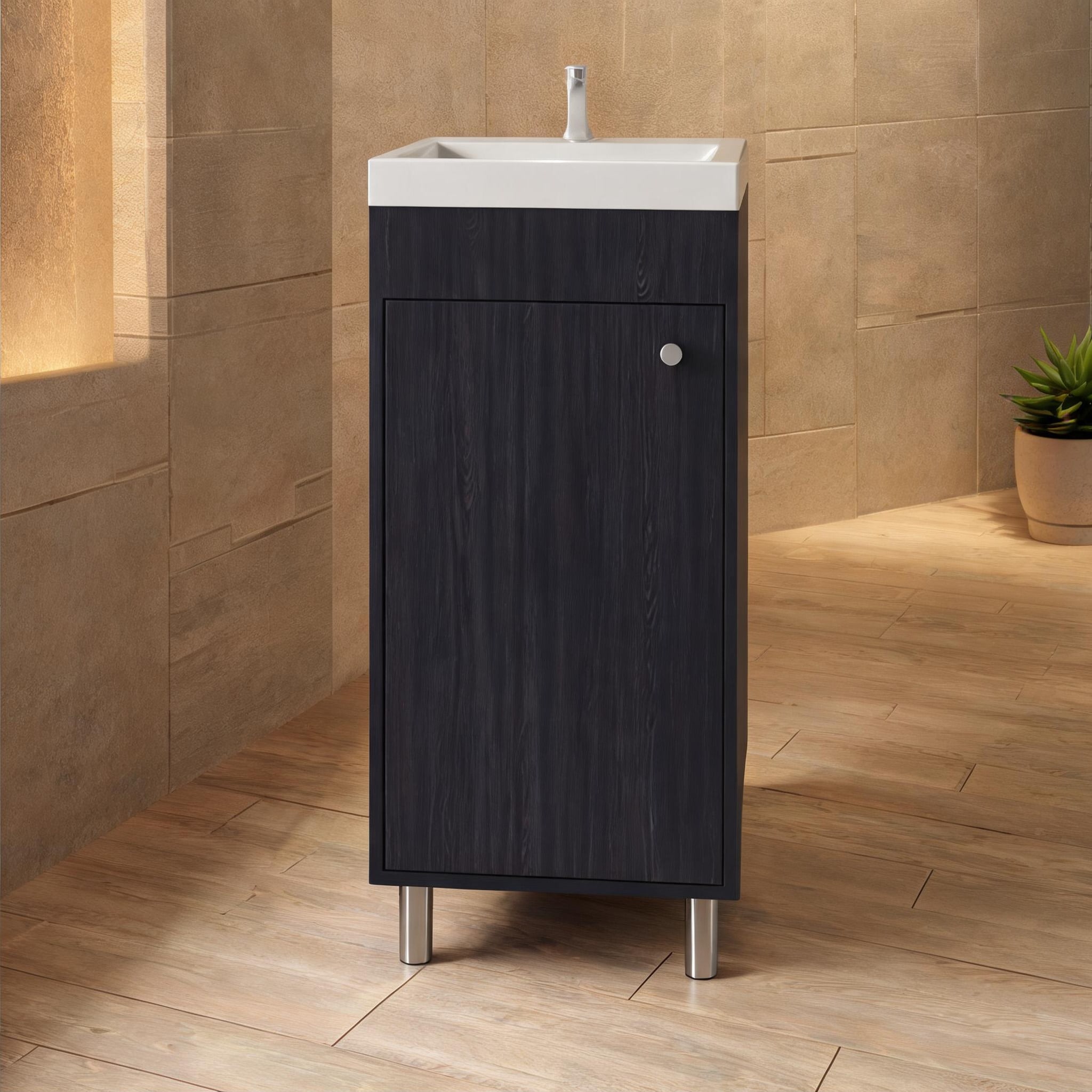 Naturefalls - Single-Door Bathroom Vanity with Integrated Sink Two Shelves Compact 15.8-Inch Widt...