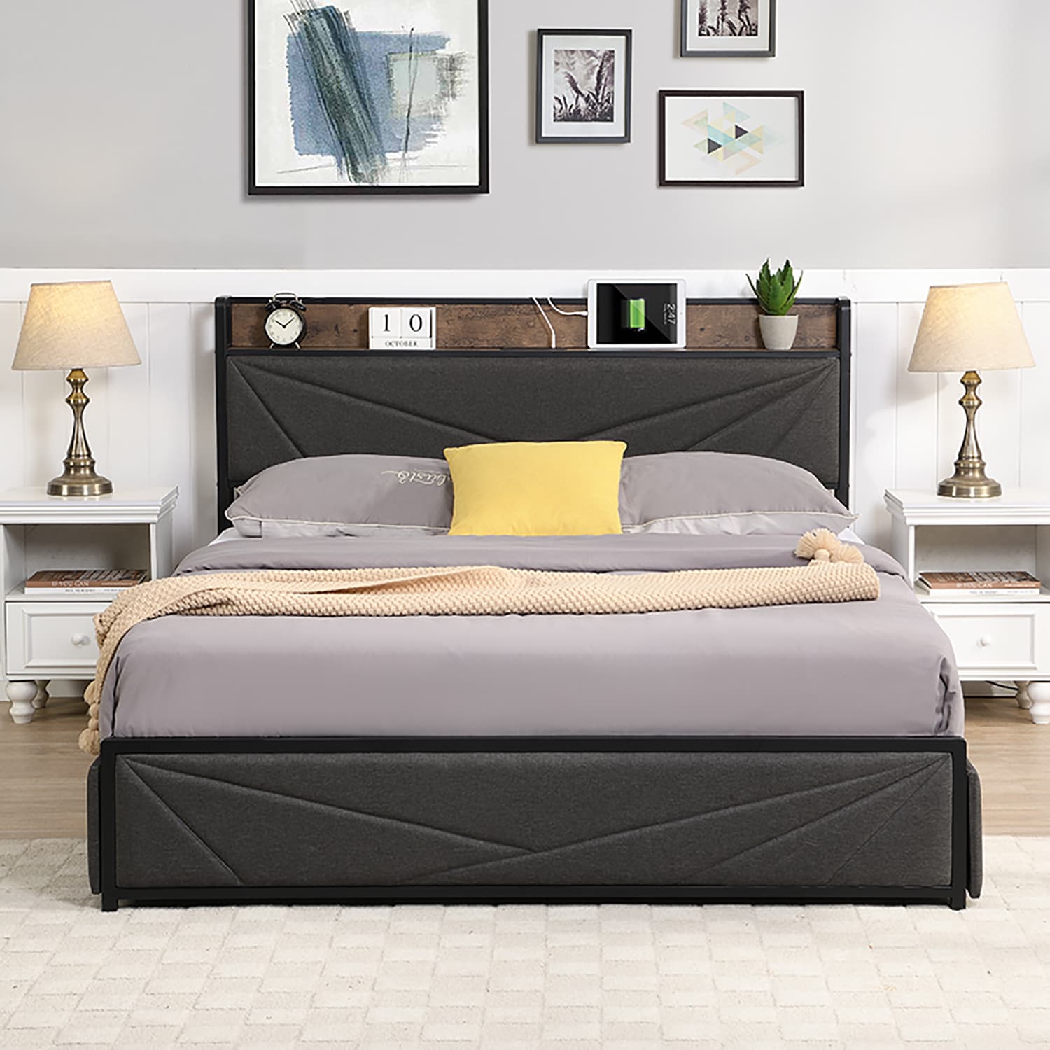 GZMR 953AAEUS-LC Queen Size Bed Frame with 4 Storage Drawers Dark Gray Queen Wood and metal Bed frame Bed with Storage