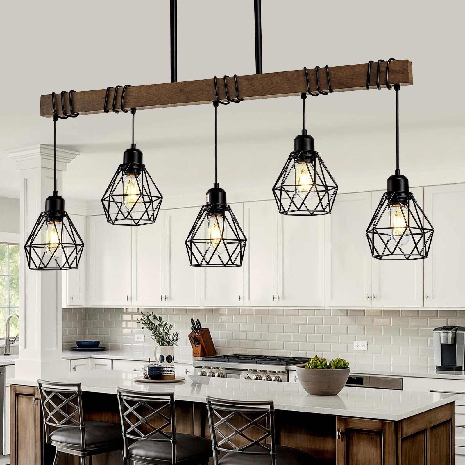 Vrbgify  5 Piece Modern Farmhouse Chandelier Black and Wood Linear Pendant Light Adjustable Height Metal Diamond Shades for Kitchen Island Dining Room
