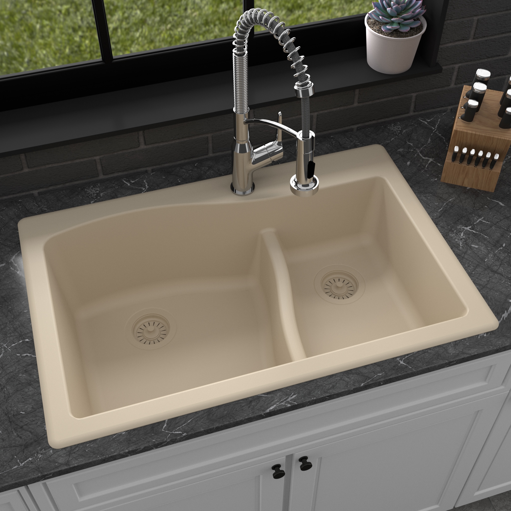 Karran QT-630-BI Drop-in or undermount 33-in x 22-in Quartz Double offset bowl 1-Hole Kitchen Sink