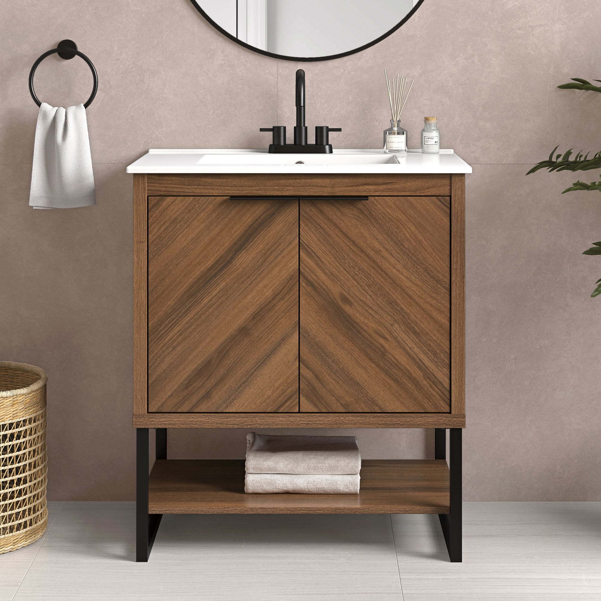 Contessa 30-in Spiced Walnut Single Sink Bathroom Vanity with White Ceramic Top in Brown | - OVE Decors 15VKA-CONT30-182