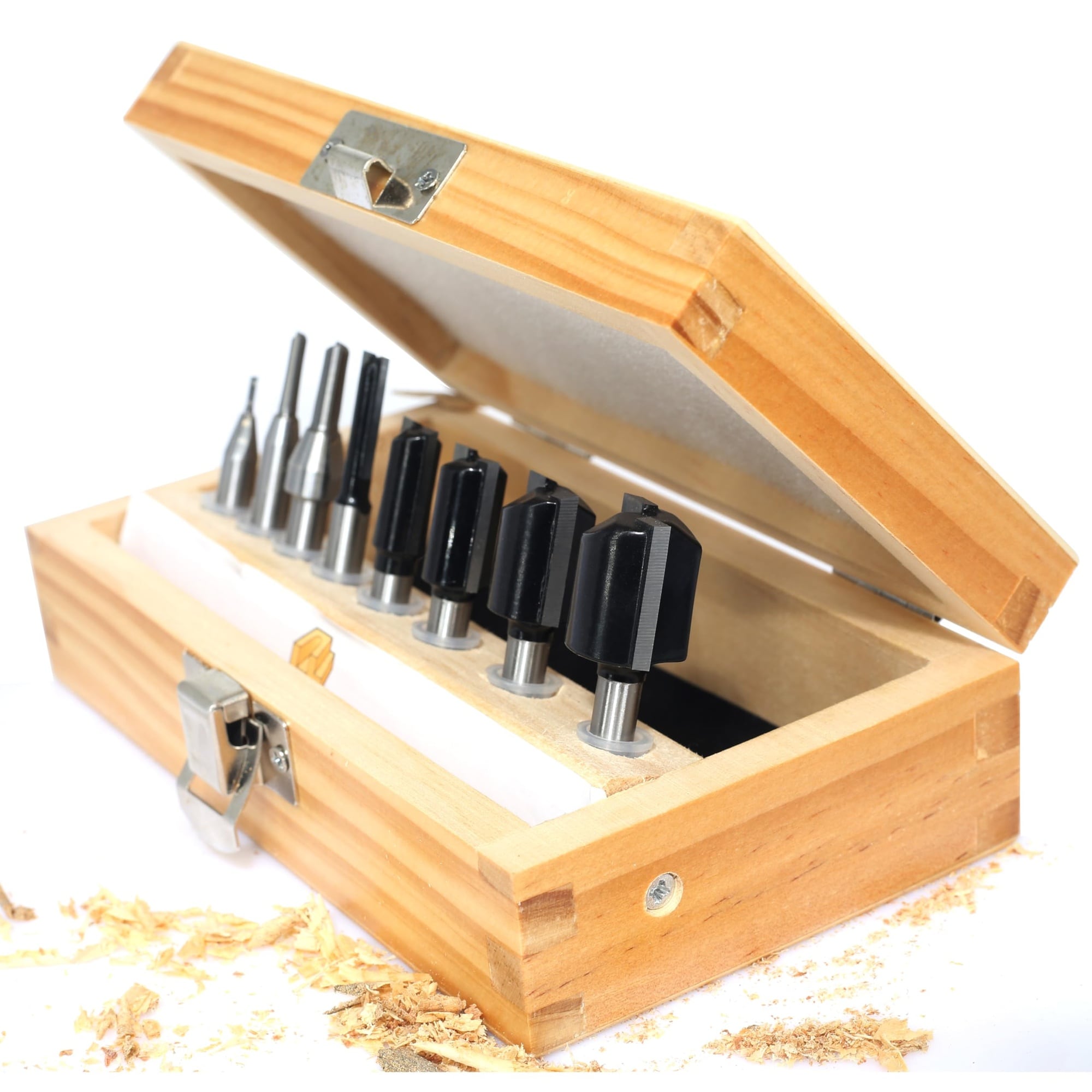 AKSCYZM  8 Piece Straight Router Bit Set 1/4 Inch Shank Carbide Tipped for Woodworking Routing and Grooving Tasks with Wooden Storage Box