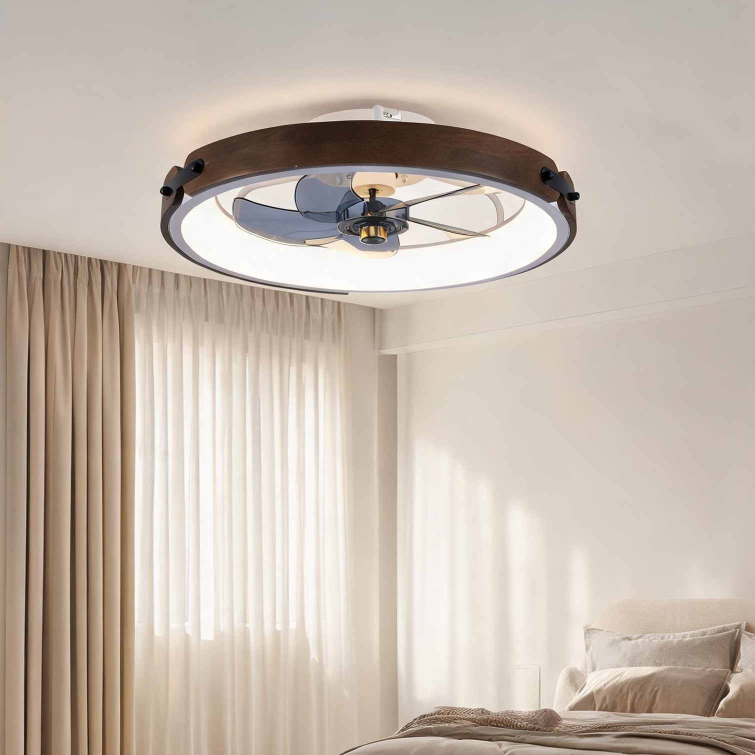 Naturefalls 20-Inch Walnut and Jet Black Flush Mount Ceiling Fan with LED Light Kit Remote-Controlled 6-Speed DC Motor for Living Rooms and Kitchens