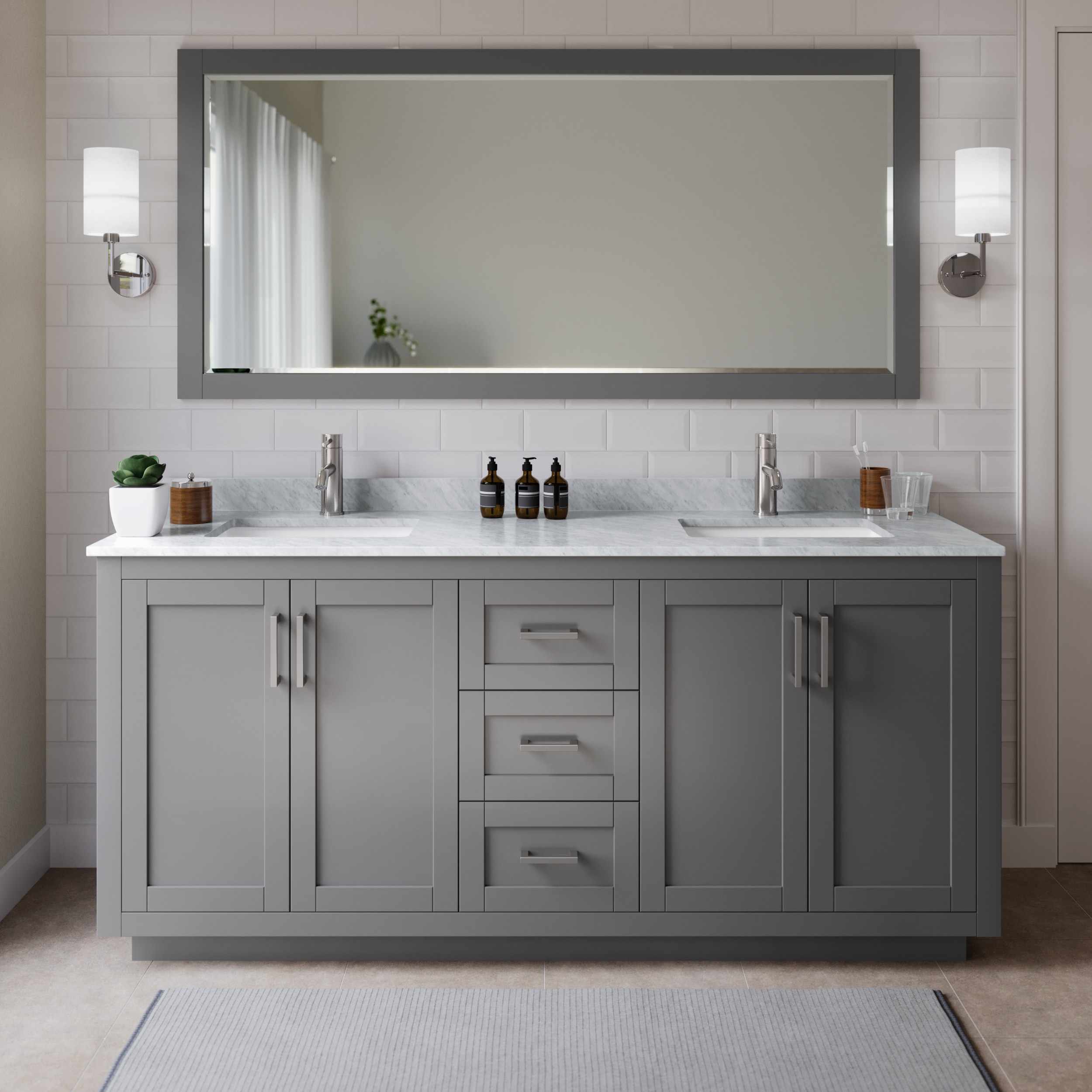 Wyndham Collection WCF292972DKGCMUNSMXX Miranda 72-in Dark Gray with Brushed Nickel Trim Undermount Double sink Bathroom Vanity with White Carrara Marble Marble Top