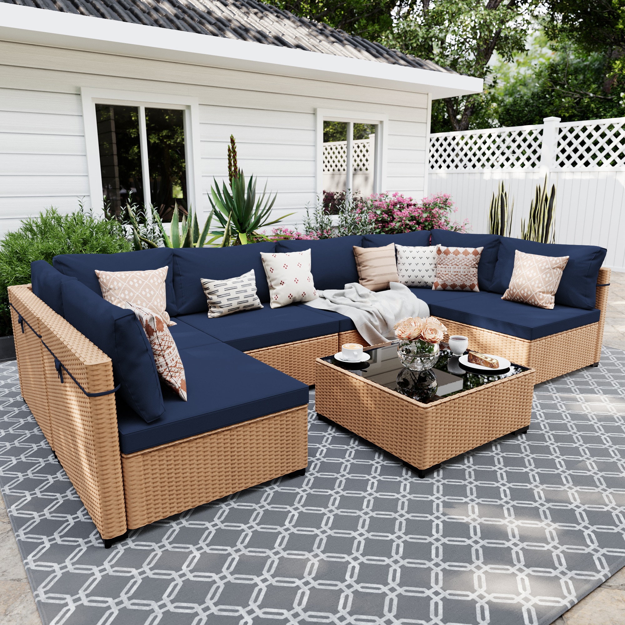 UPHA PL-2CZ-42SBE-H2-T 7 -Piece Wicker Patio conversation set 7 -Piece Wicker 2 Patio Sofa Conversation Set with Navy Cushions