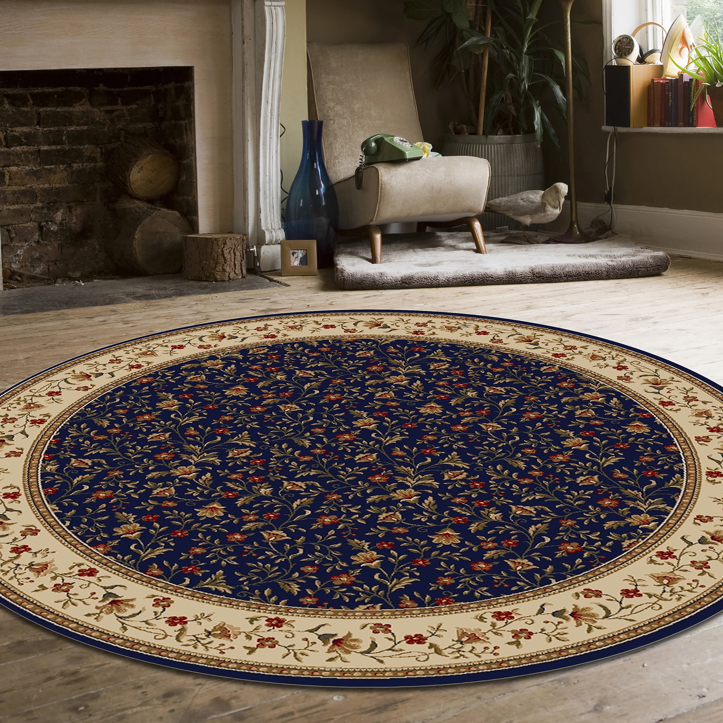 Radici USA 1593/1176/NAVY Como 5 x 5 (ft) Polypropylene Blue Round Indoor Floral/Botanical Oriental Area rug