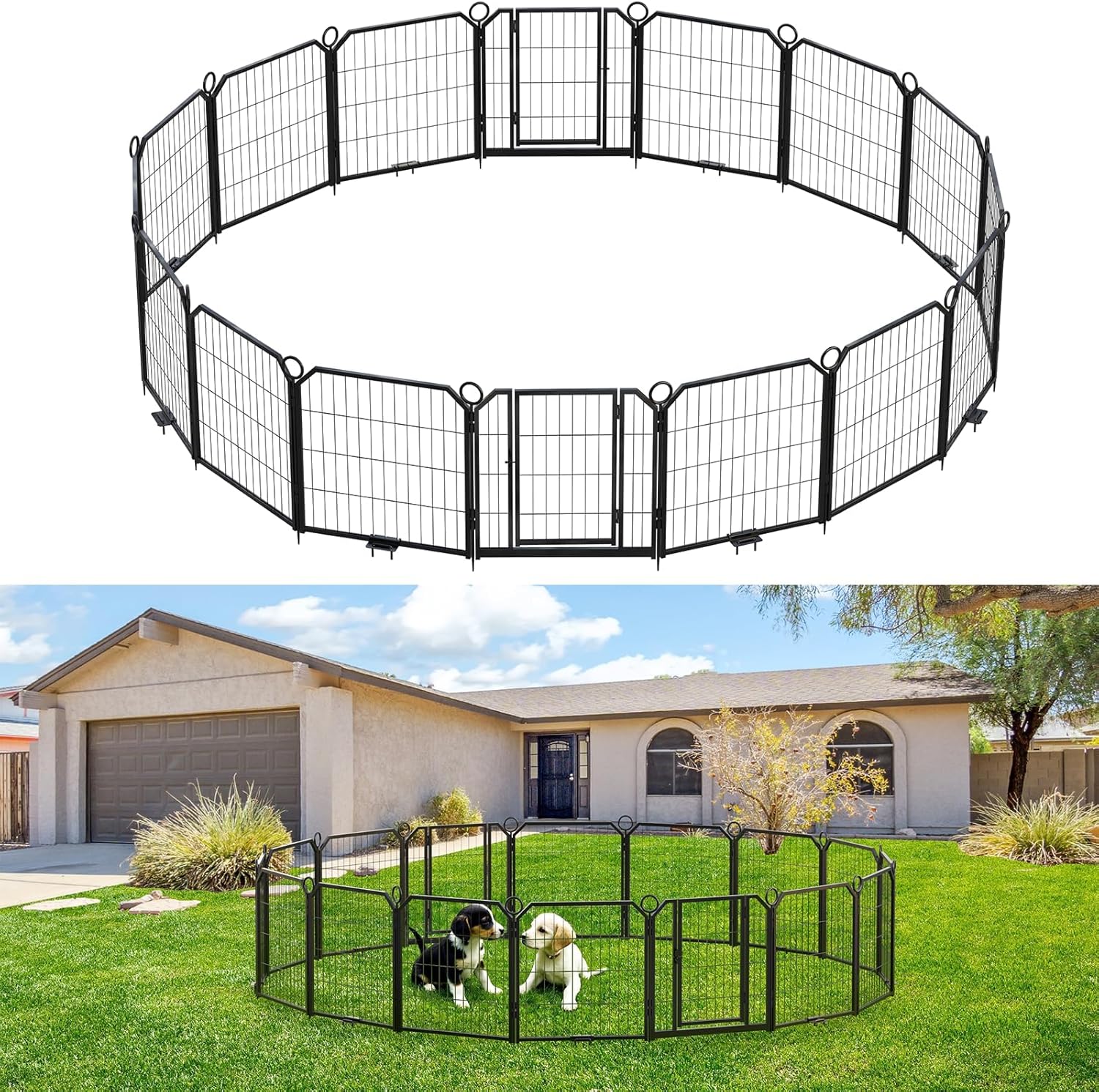 GAOMON Steel Beveled Pet Playpen Fence- 24 Inch Height- 16 PCS Panel Set- Durable Pet Fence for Home Yard Use