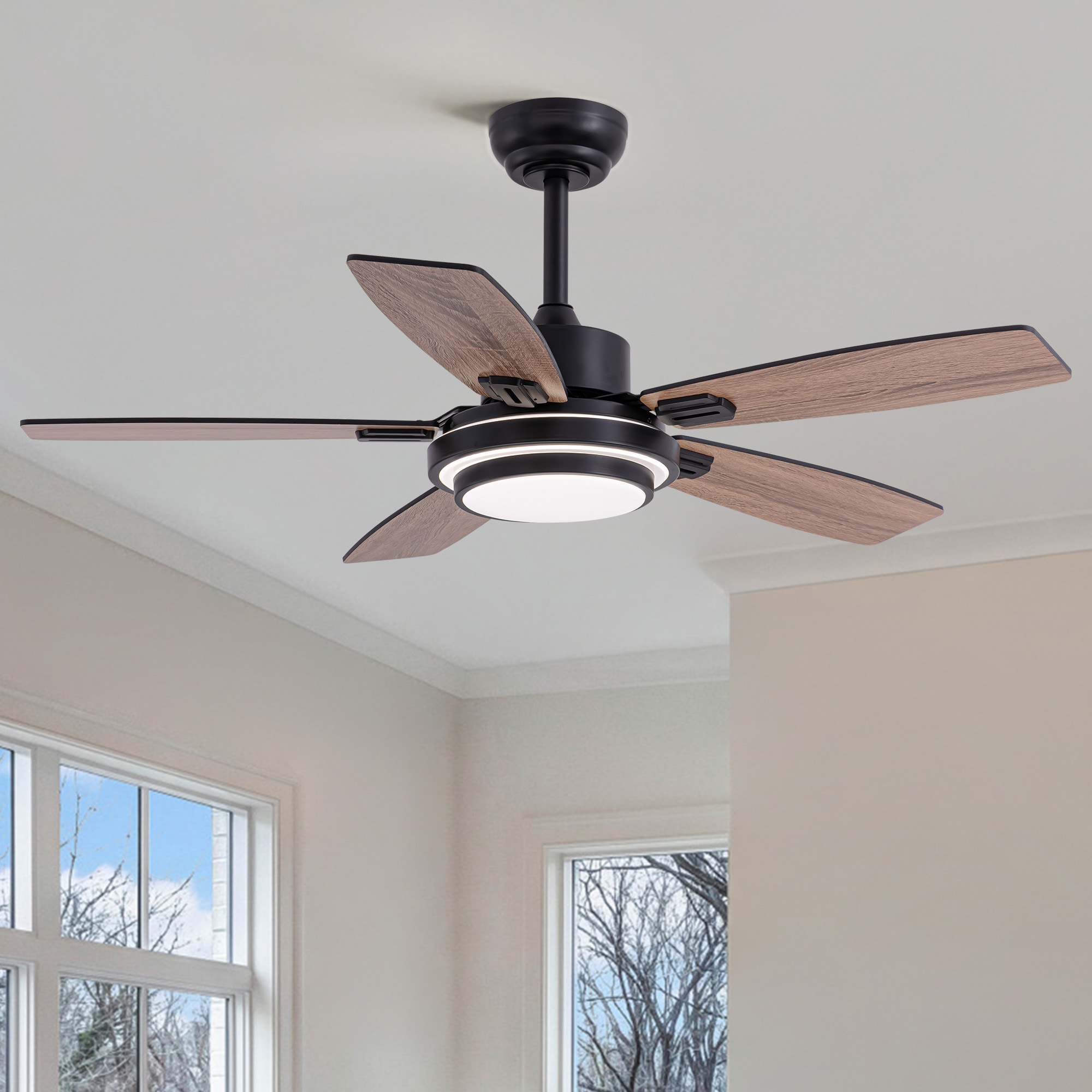 SILJOY LL-8838D-42-01 42-in Black Ceiling Fan with black or Oak Color Blades Ceiling Fan With Light - Remote Included