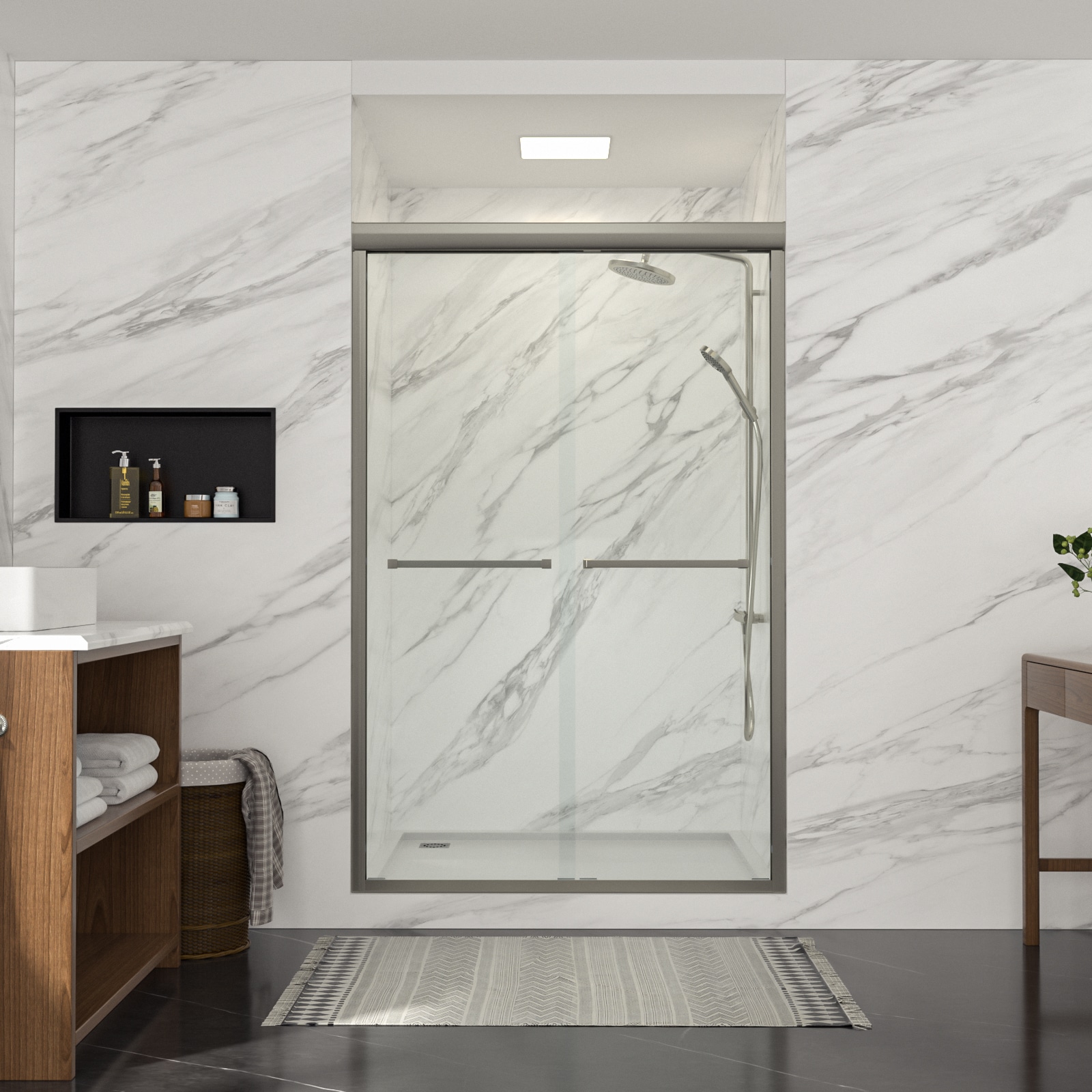 Lordear HRD-LD-6A22-48SS Bathroom Shower Door Brushed Nickel 47-3/4-in to 48-in W x 76-in H Semi-frameless Sliding Soft Close Shower door 5/16-in Thick Clear Glass