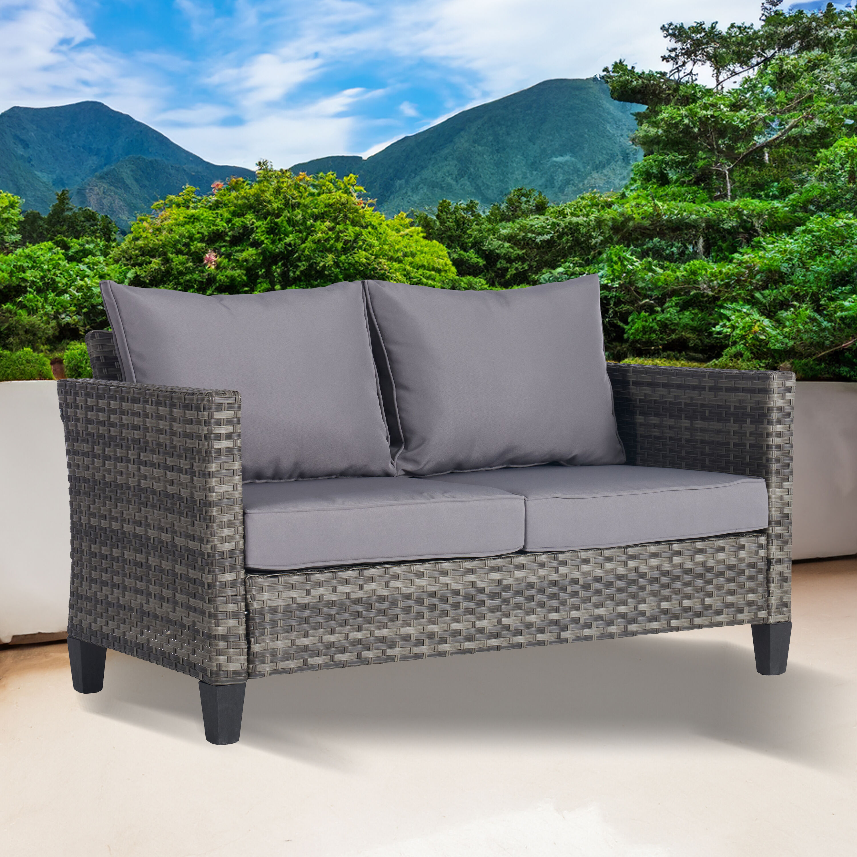 SANSTAR L-WS93LY-V1 Loveseat Wicker Outdoor Loveseat with Gray Cushions and Wicker Frame