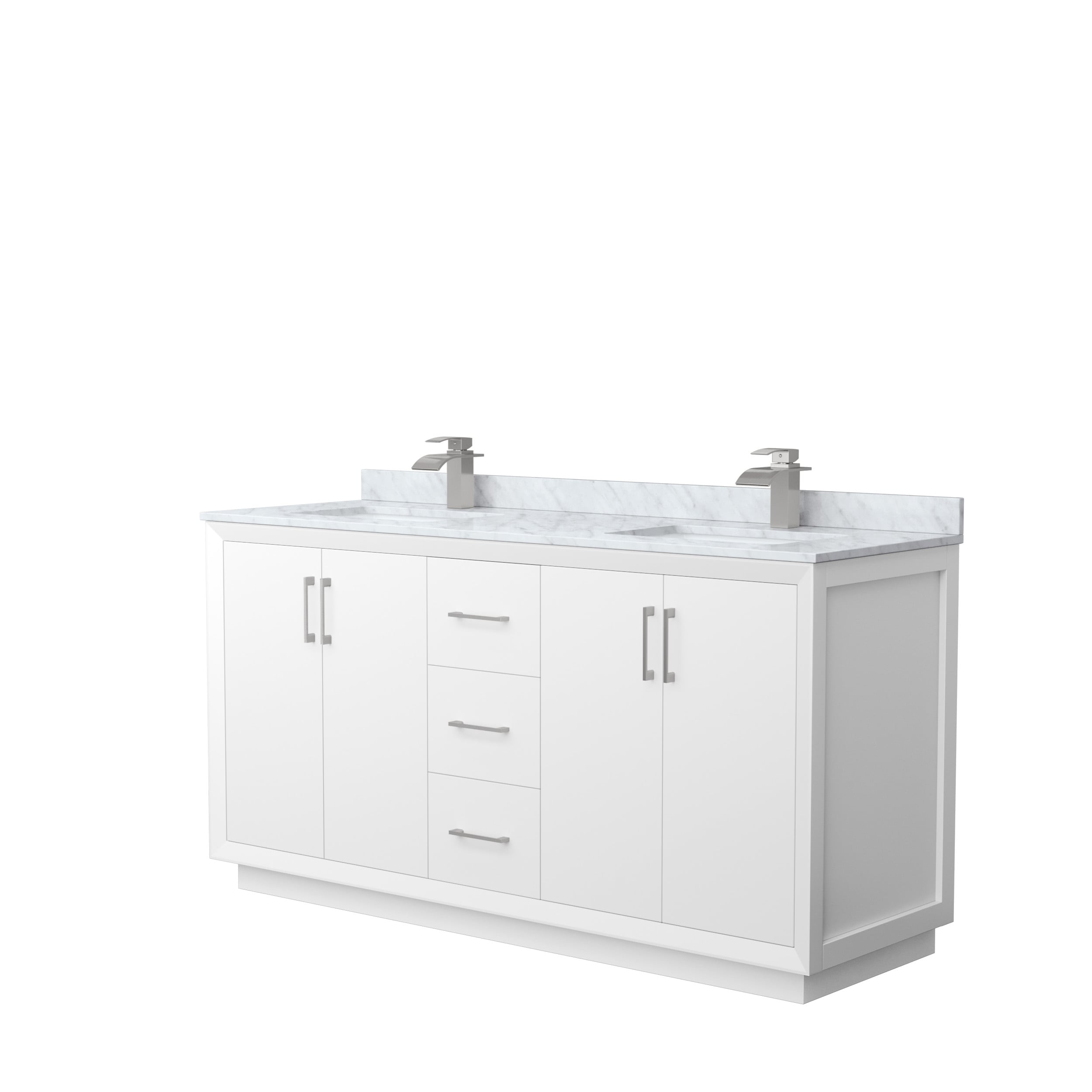 Wyndham Collection WCF414166DWHCMUNSMXX Strada 66-in White with Brushed Nickel Trim Undermount Double sink Bathroom Vanity with White Carrara marble Natural marble Top