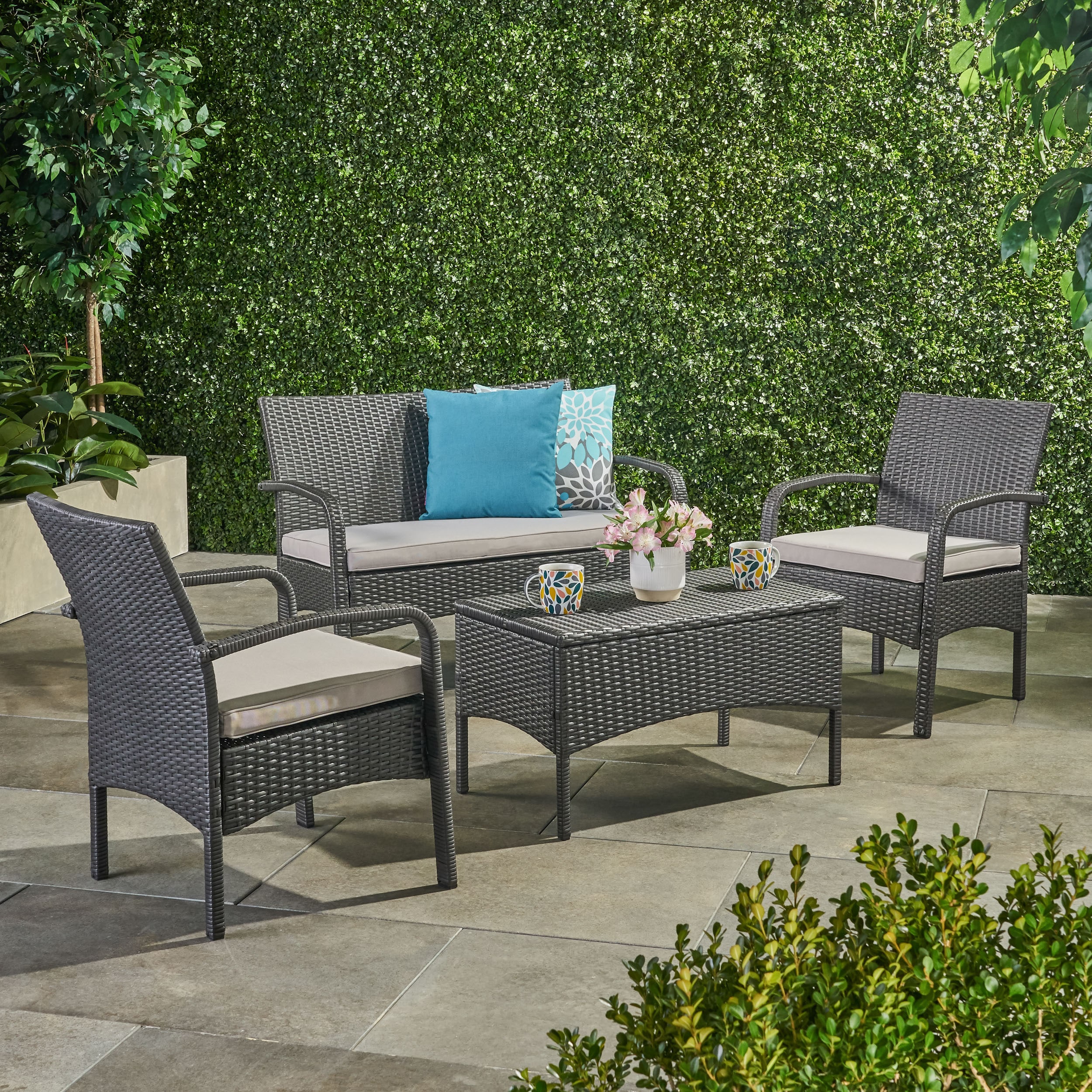 Christopher Knight Home 301117 Cordoba Outdoor Wicker 4 piece Conversation Set with Cushions-Grey + Silver