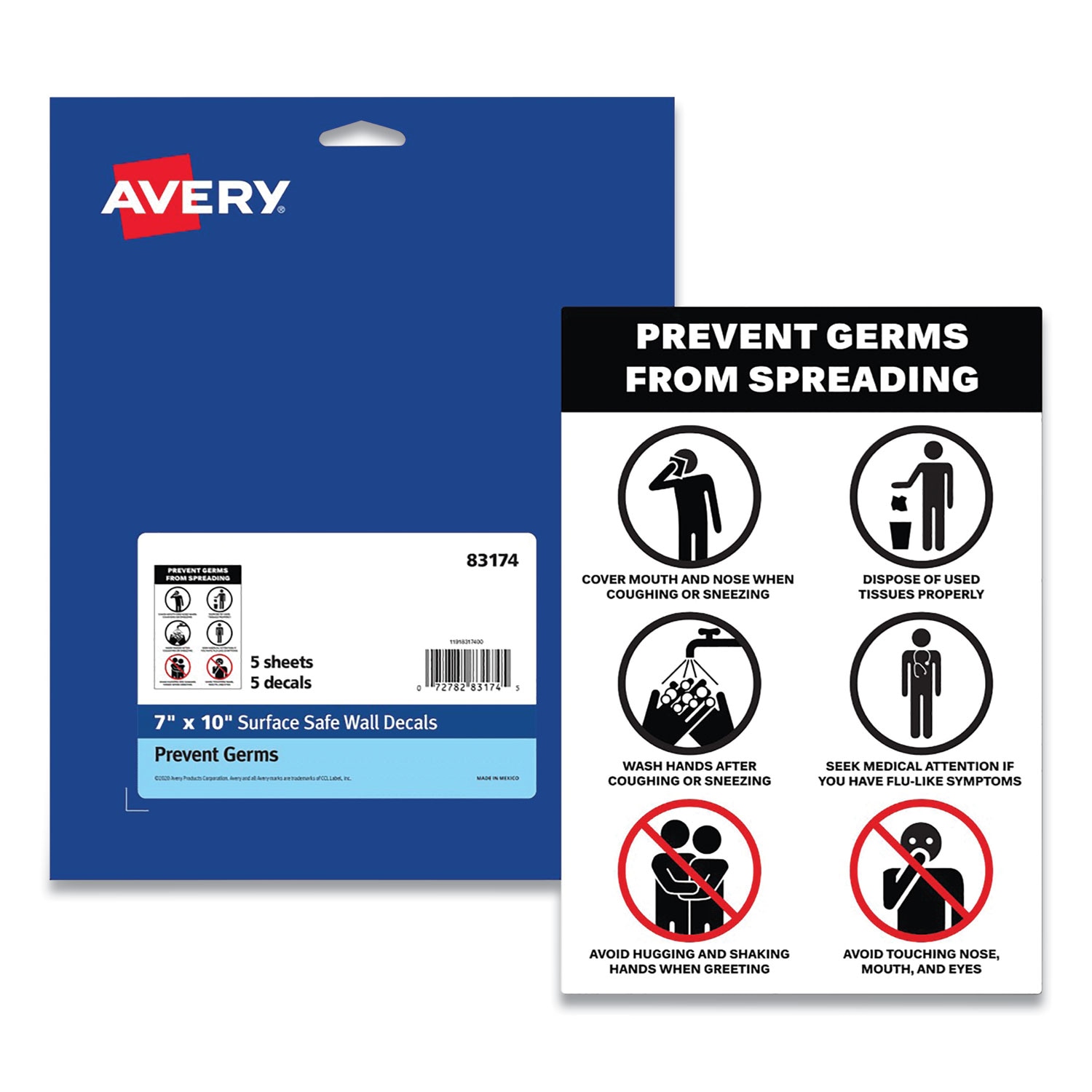 Avery Preprinted Surface Safe Wall Decals 7 X 10 Prevent Germs From Spreading White/black Face Black Graphics 5/pack