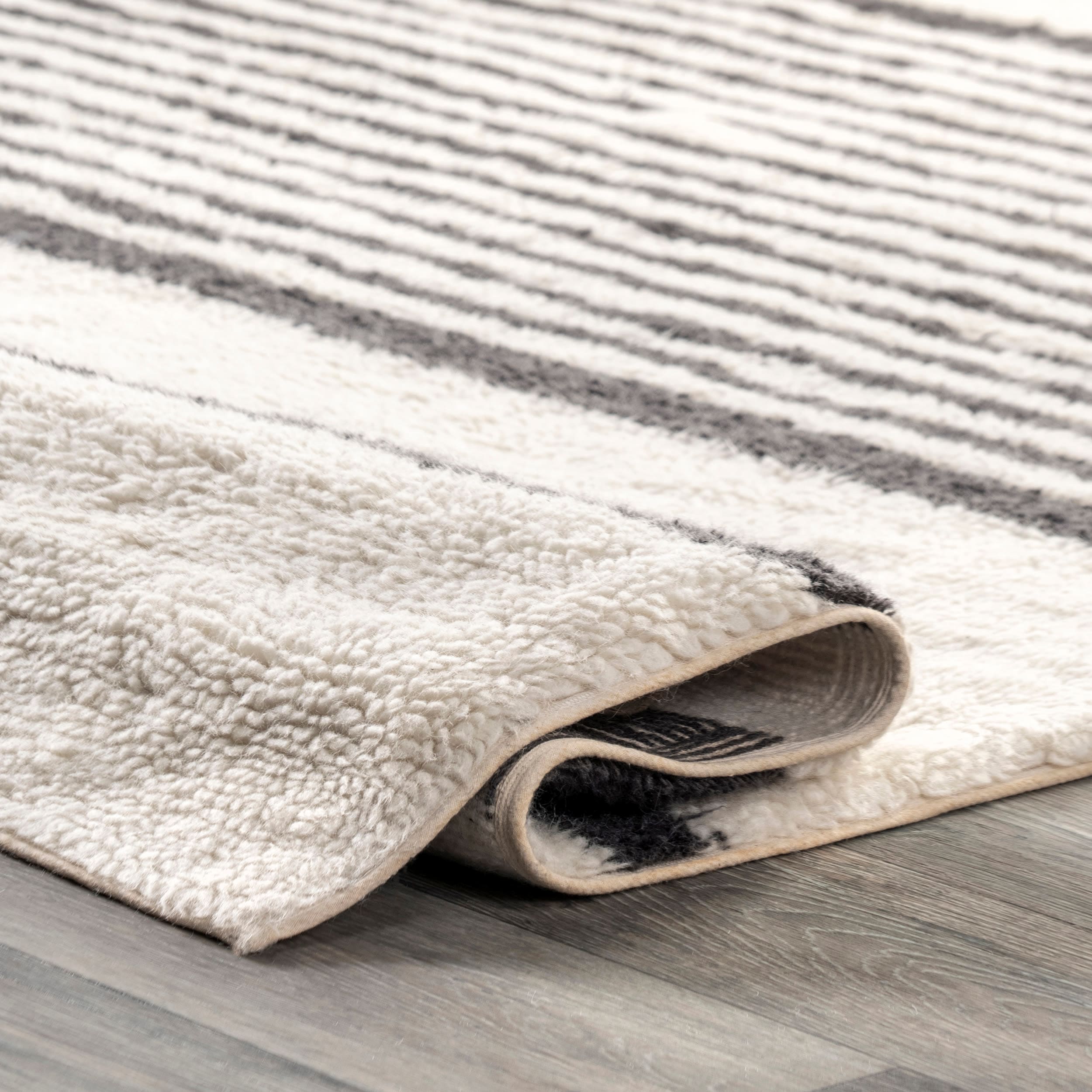 Ivory and Black Striped Wool Washable 4' x 6' Area Rug