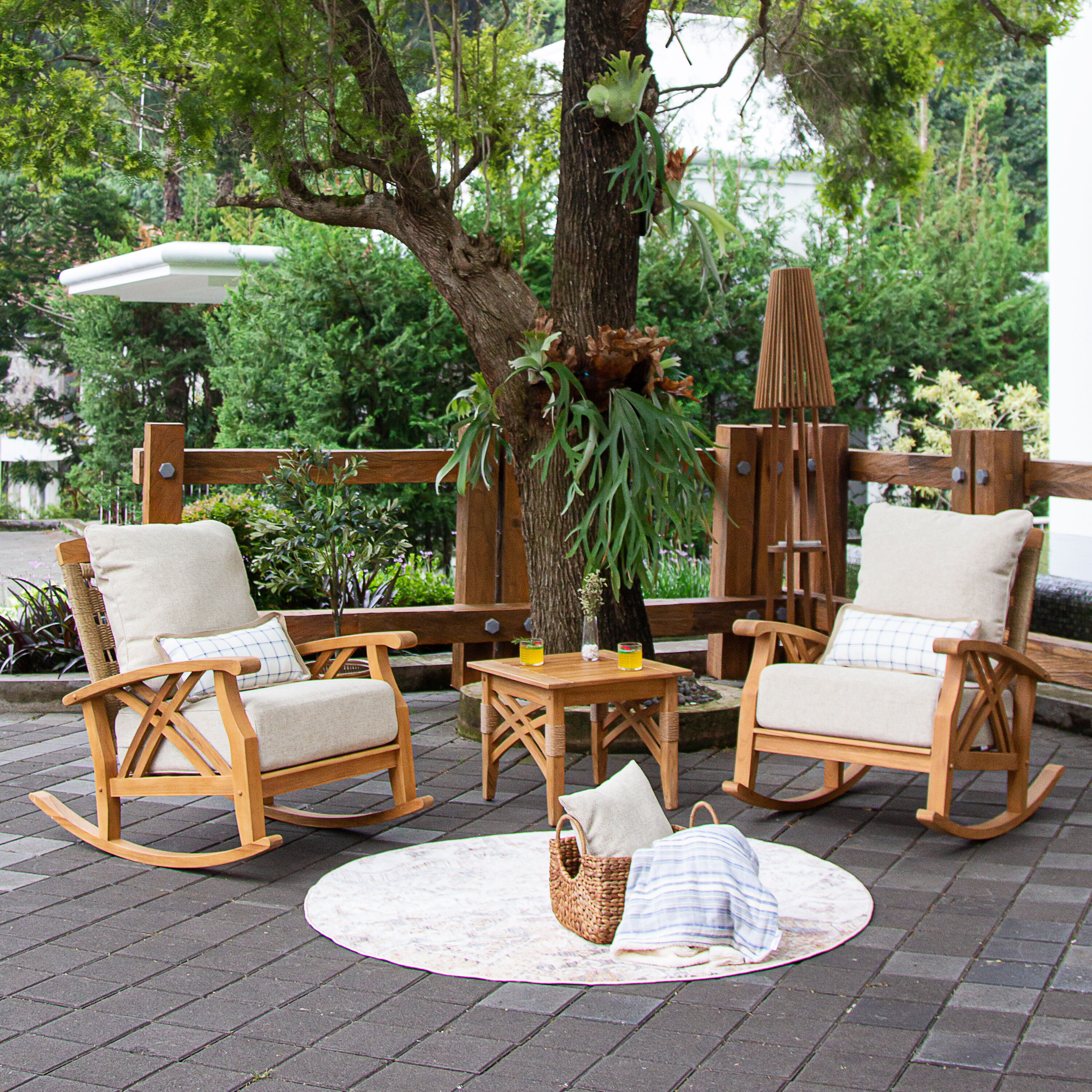 Cambridge Casual 610694-TW-XX-TN-HT Carmel Teak Wood 3-Piece Wicker Patio Conversation Set with Tan Cushions