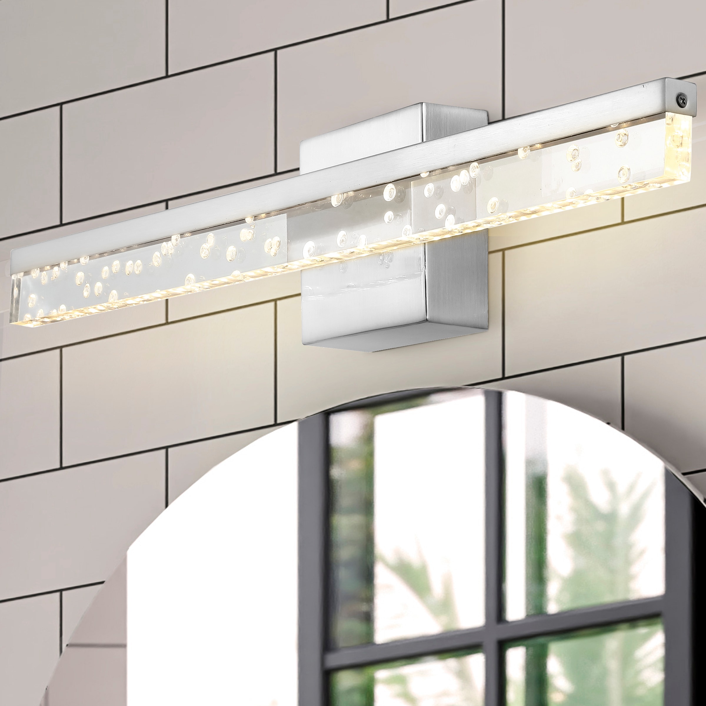 JONATHAN  Y JYL7128C Mario Iron/Seeded Acrylic 360-Degree Rotatable Modern 22-in 1 -Light Polished Chrome Integrated LED Industrial Vanity light