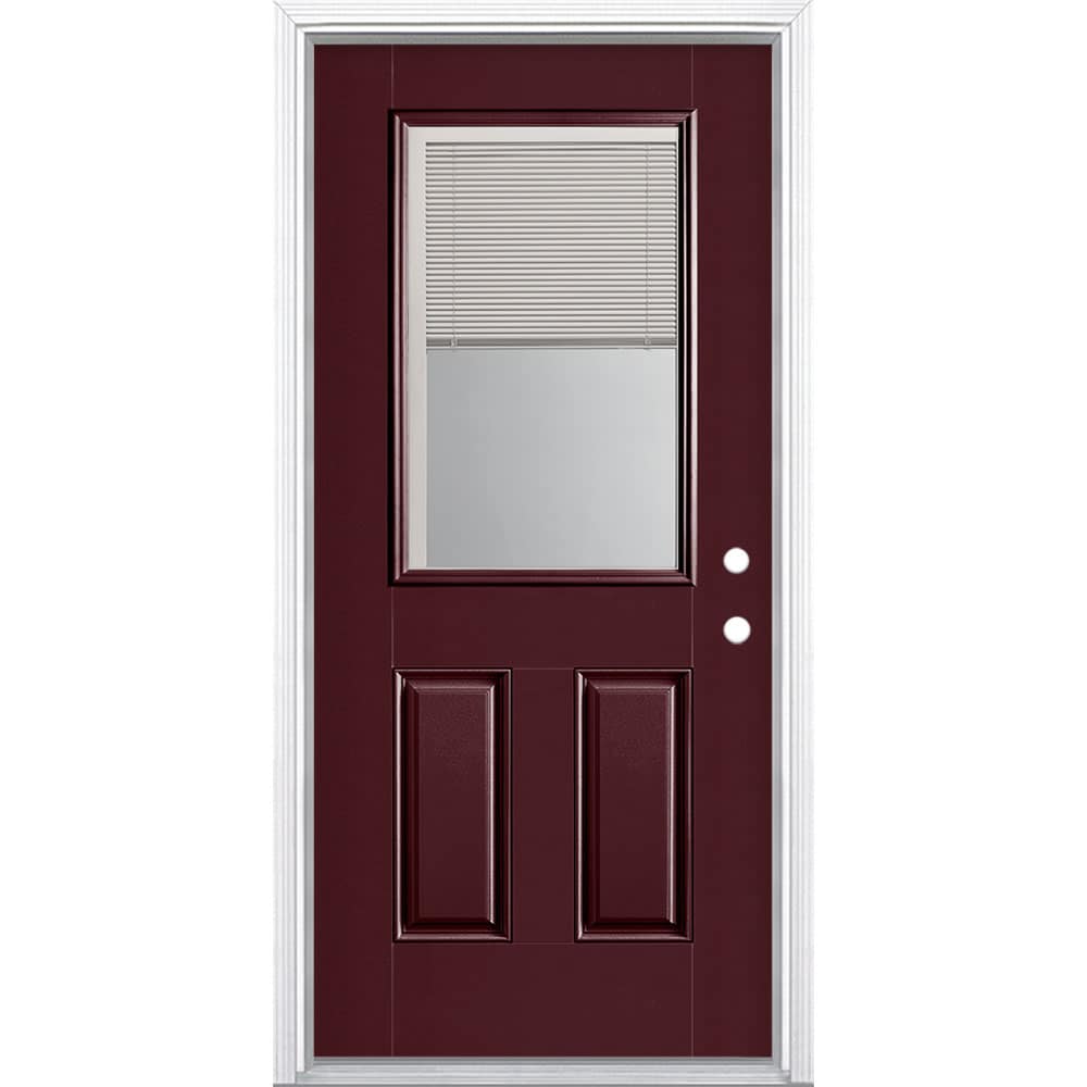 Masonite 1218477 36-in x 80-in x 4-9/16-in Fiberglass Half lite Left-hand inswing Currant Painted Prehung Front Door with Brickmould Insulating core with Blinds