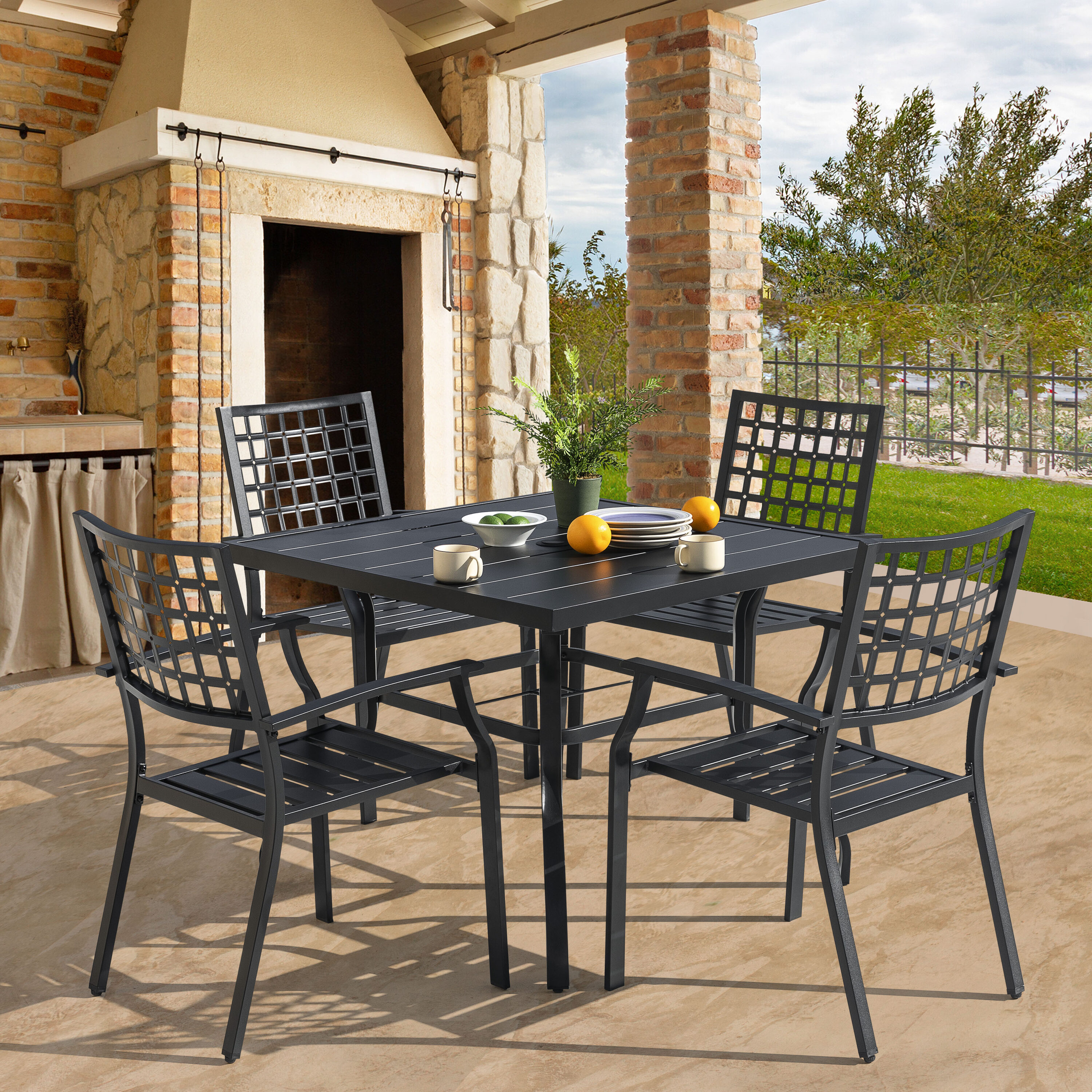 Black Iron 5-Piece Square Outdoor Dining Set with Umbrella Hole