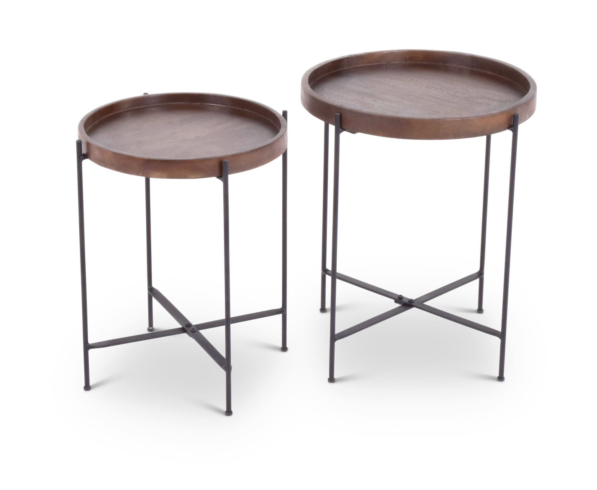Set of 2 Round Black and Brown Mango Wood Accent Tables