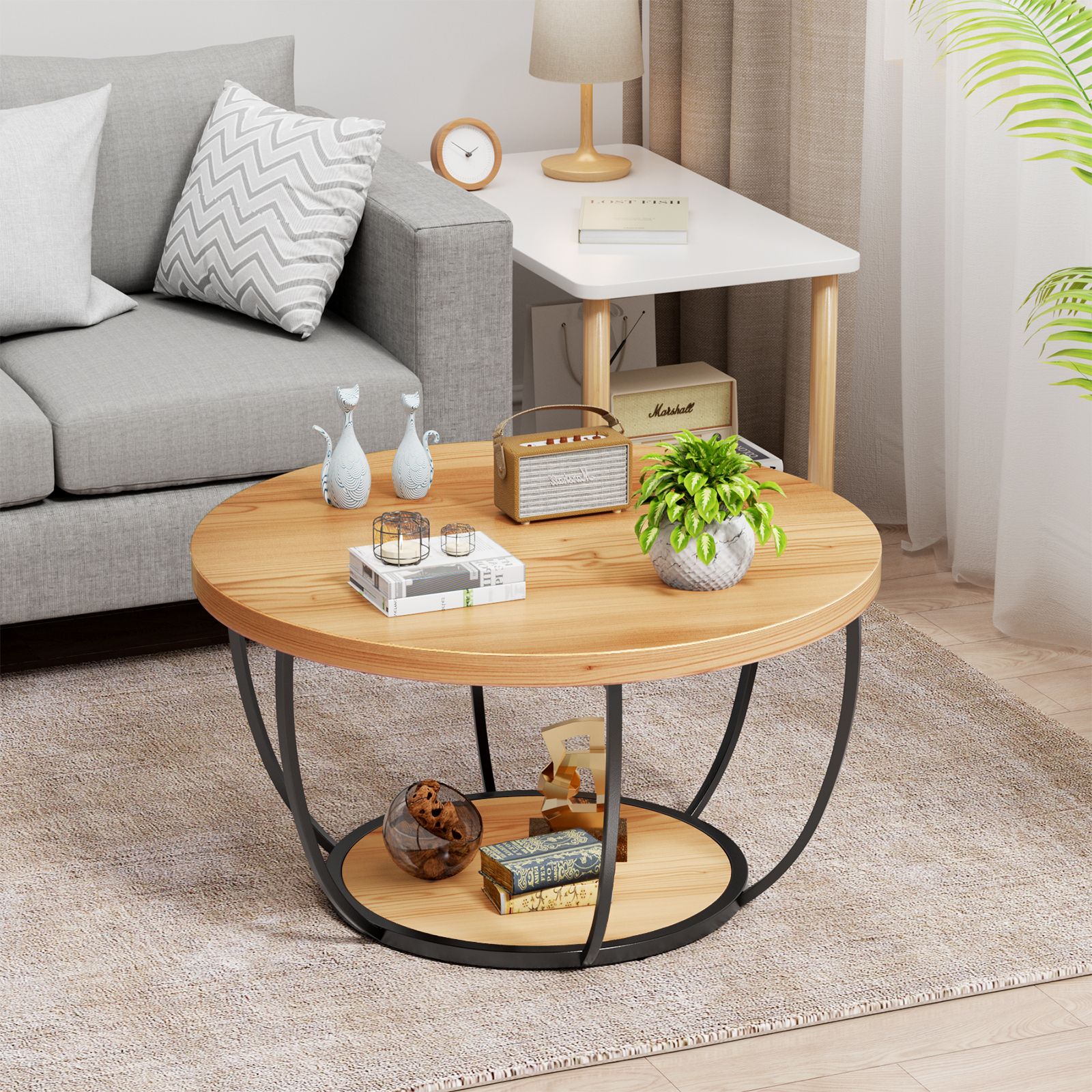 LOVMOR 56E30057A9-YMS-PLR Modern 2 Tier Round Coffee Table Space Saving Accent for Living Room
