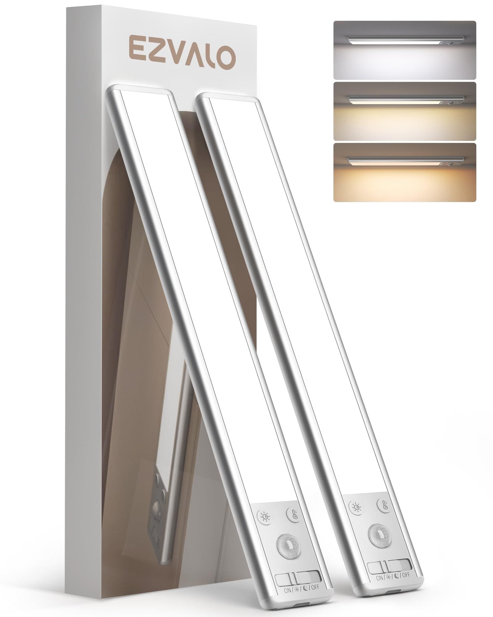 EZVALO EZL2401A-20-SI-2 8in 2pk LED Cabinet Light Bar Magnetic Wireless Closet Lights Motion Sensor Dimmable Silver