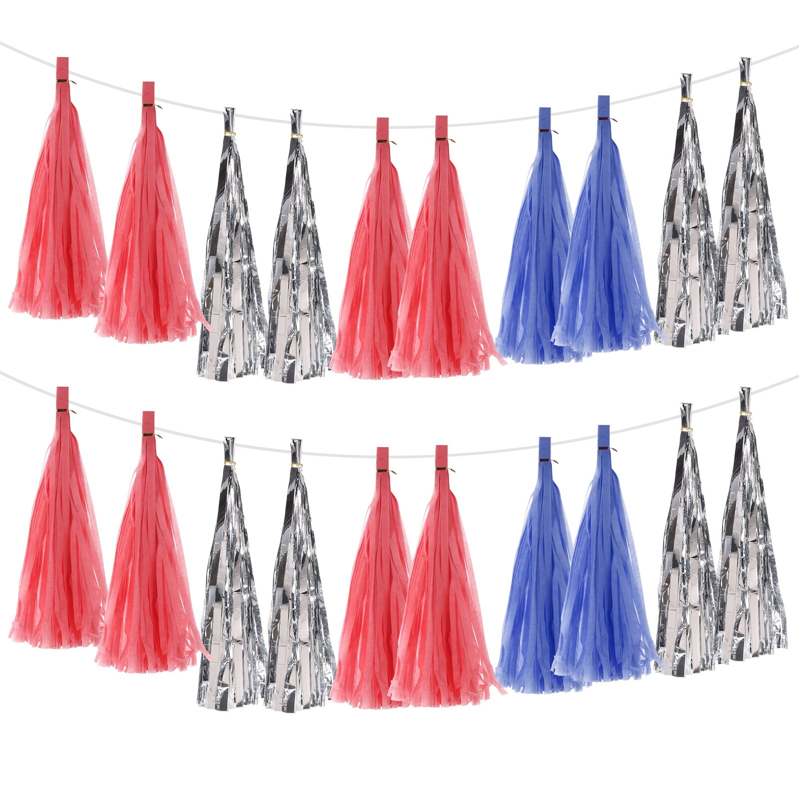 Unique Bargains 30Pcs Dark Blue Red Silver Tassel Garland Banner with Rope Tissue Paper Tassels Party DIY Kits for Anniversary Wedding Birthday Party