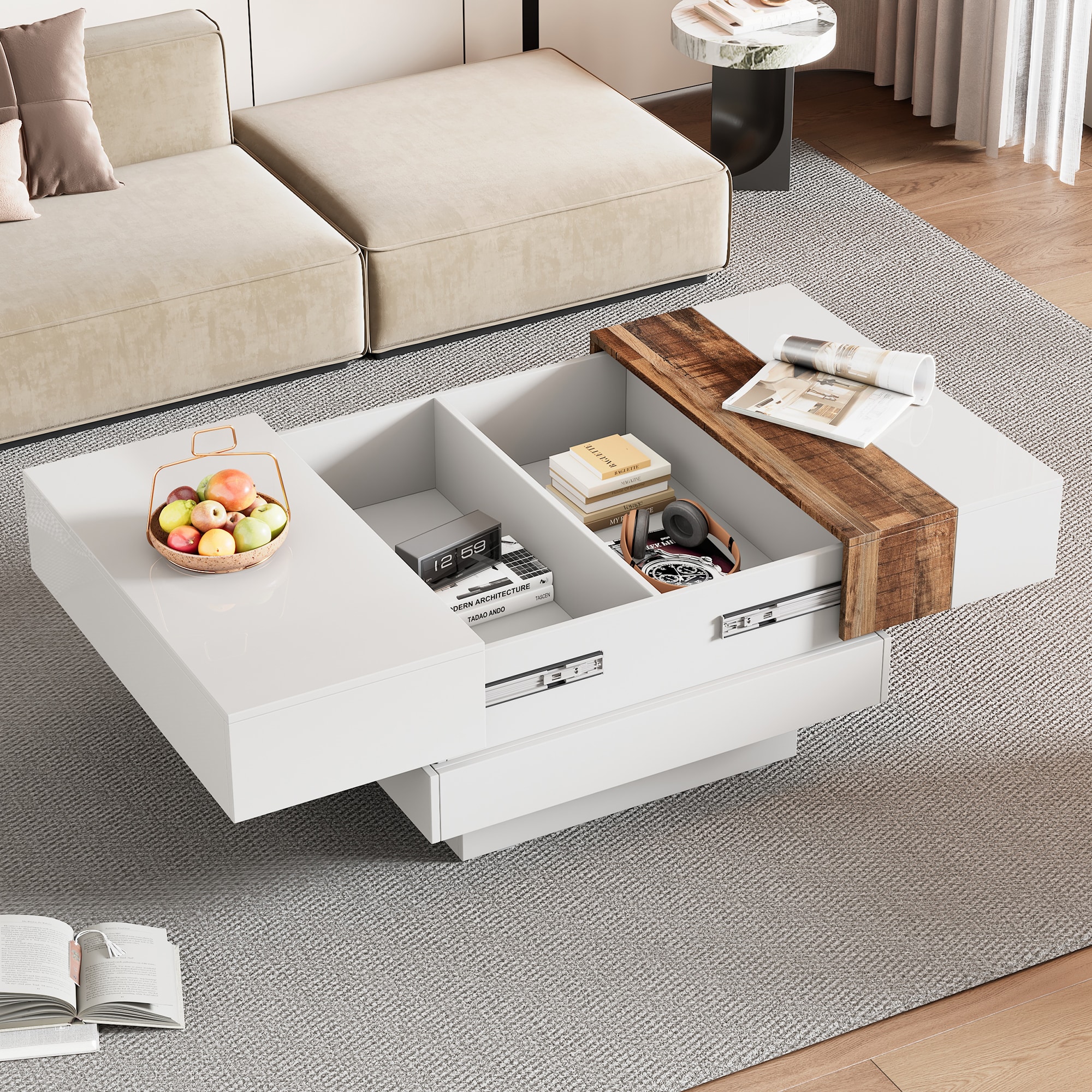 ModernLuxe N721P180696K 31.4inch x 31.4inch Square Coffee Table with Sliding Tabletop High Gloss Center Table with Hidden Storage Compartment Extendable Cocktail Table with Walnut  Grain Finish for Living Room White