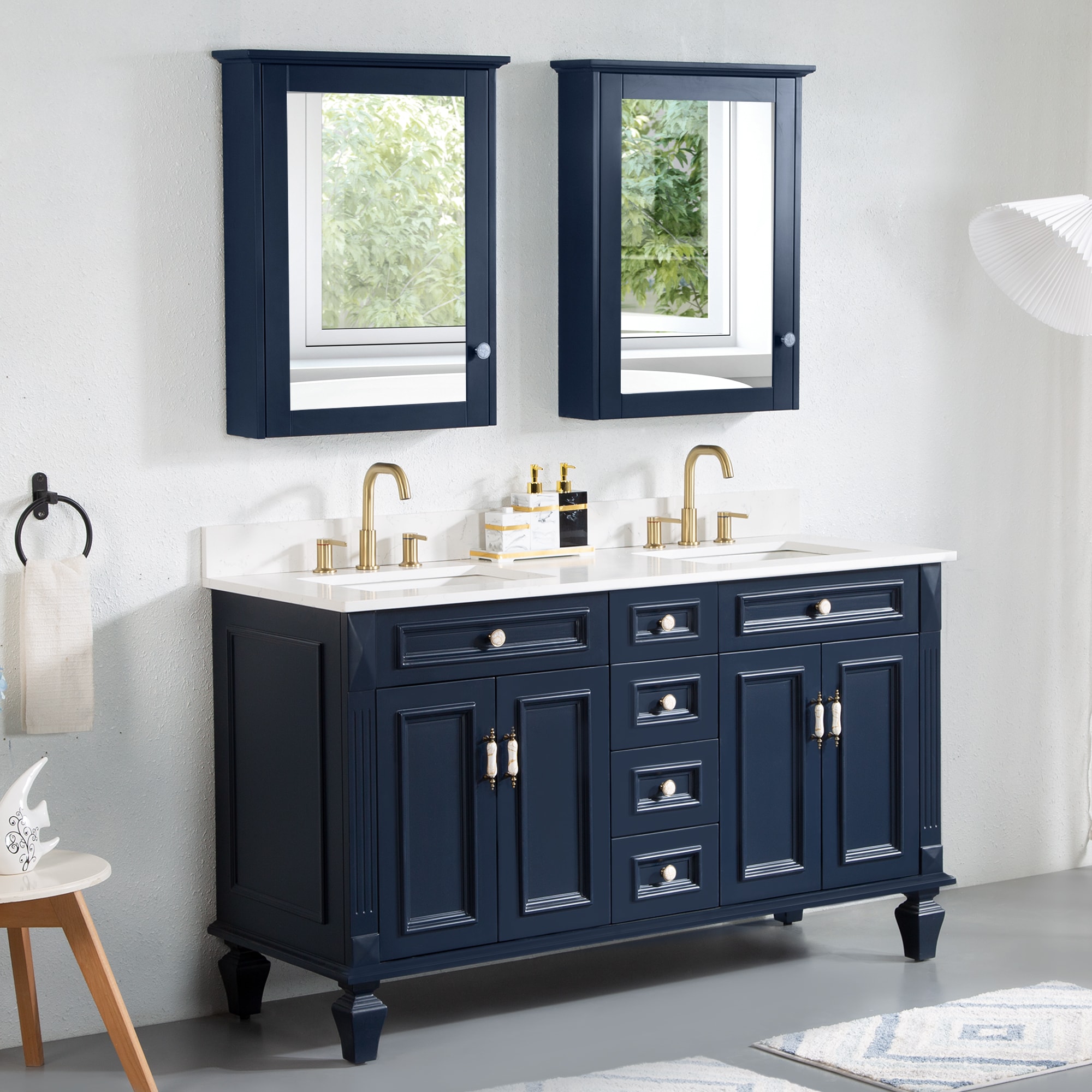 Forclover Solid Wood Bathroom Vanity 60-in Navy Blue Undermount Double Sink  Floating Bathroom Vanity with White Quartz Top in the Bathroom Vanities  with Tops department at