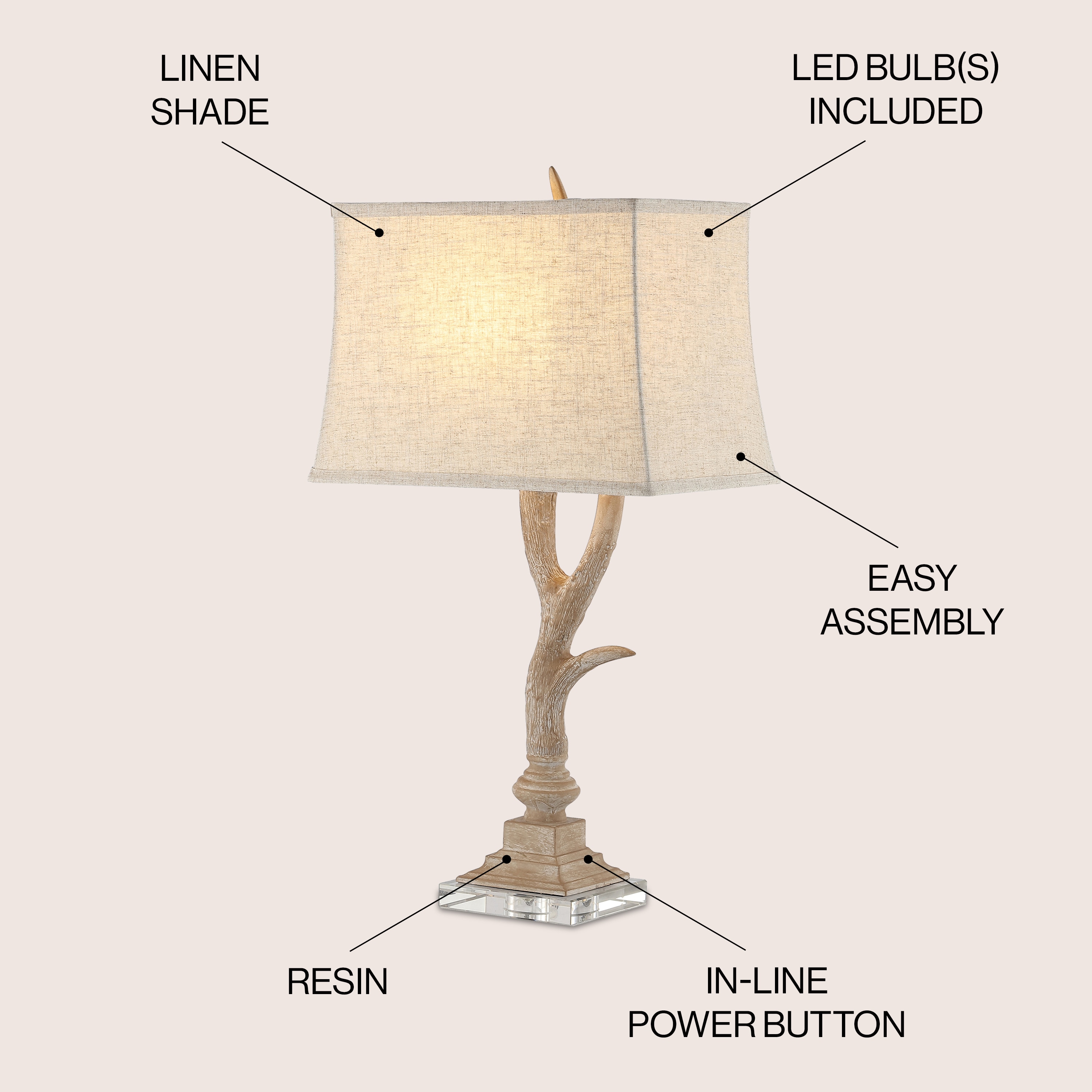 Beige Faux Antler Resin Table Lamp with Linen Shade