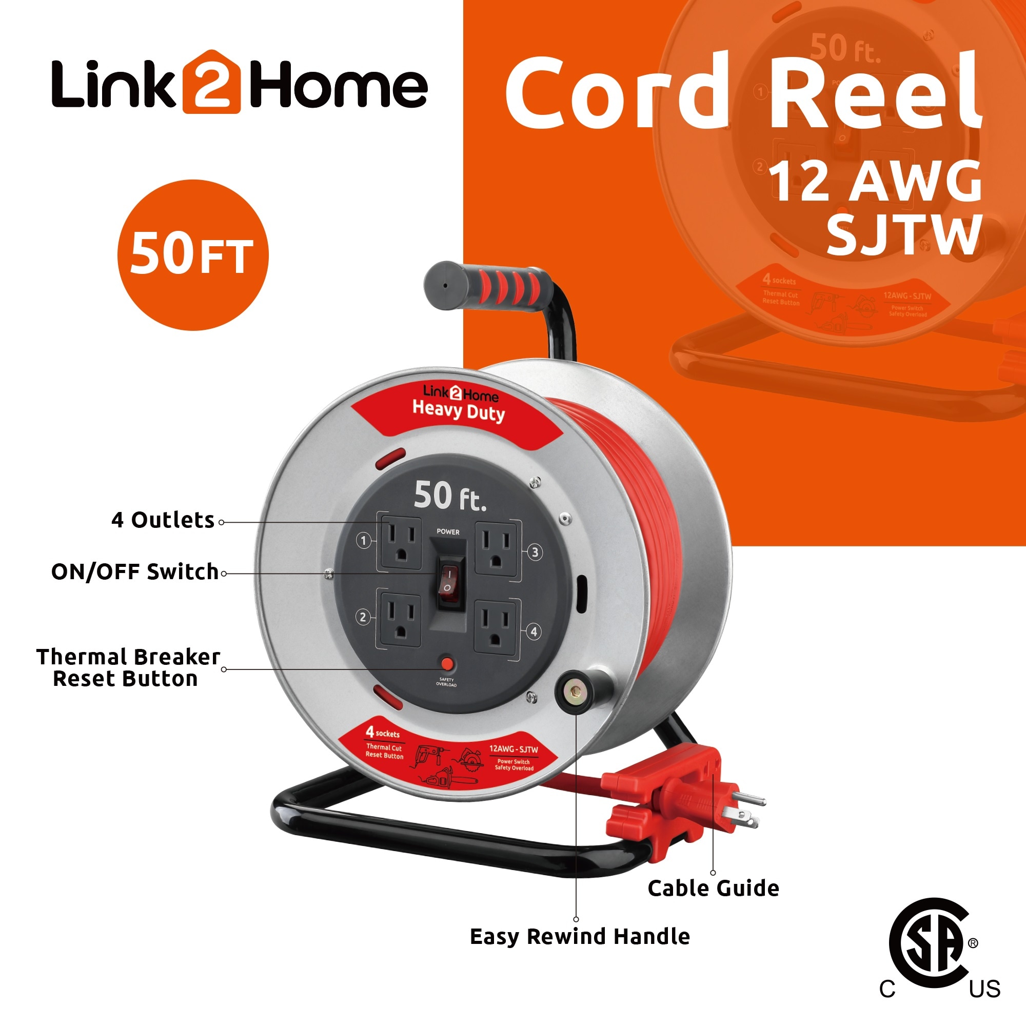 Link2Home Cord Reel 35 ft. Extension Cord 4 Power Outlets – 14 AWG SJTW  Cable. 