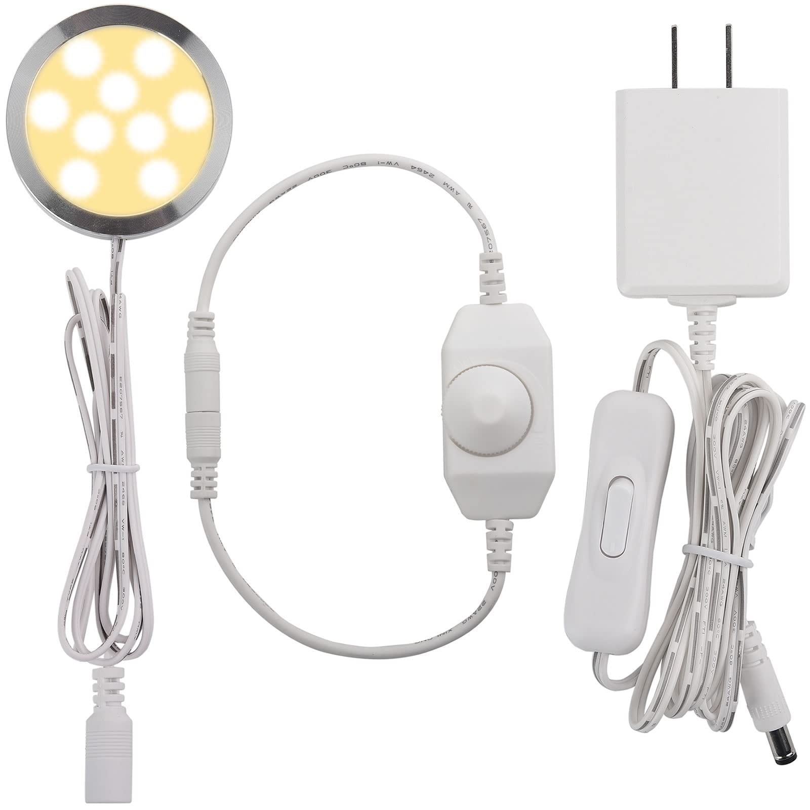 Vrbgify  Under Cabinet LED Puck Light Kit 1 Piece Plug In 120VAC Slim 0.3 Inch Rotary Dimmer Switch Warm White for Shelf Display Hutch