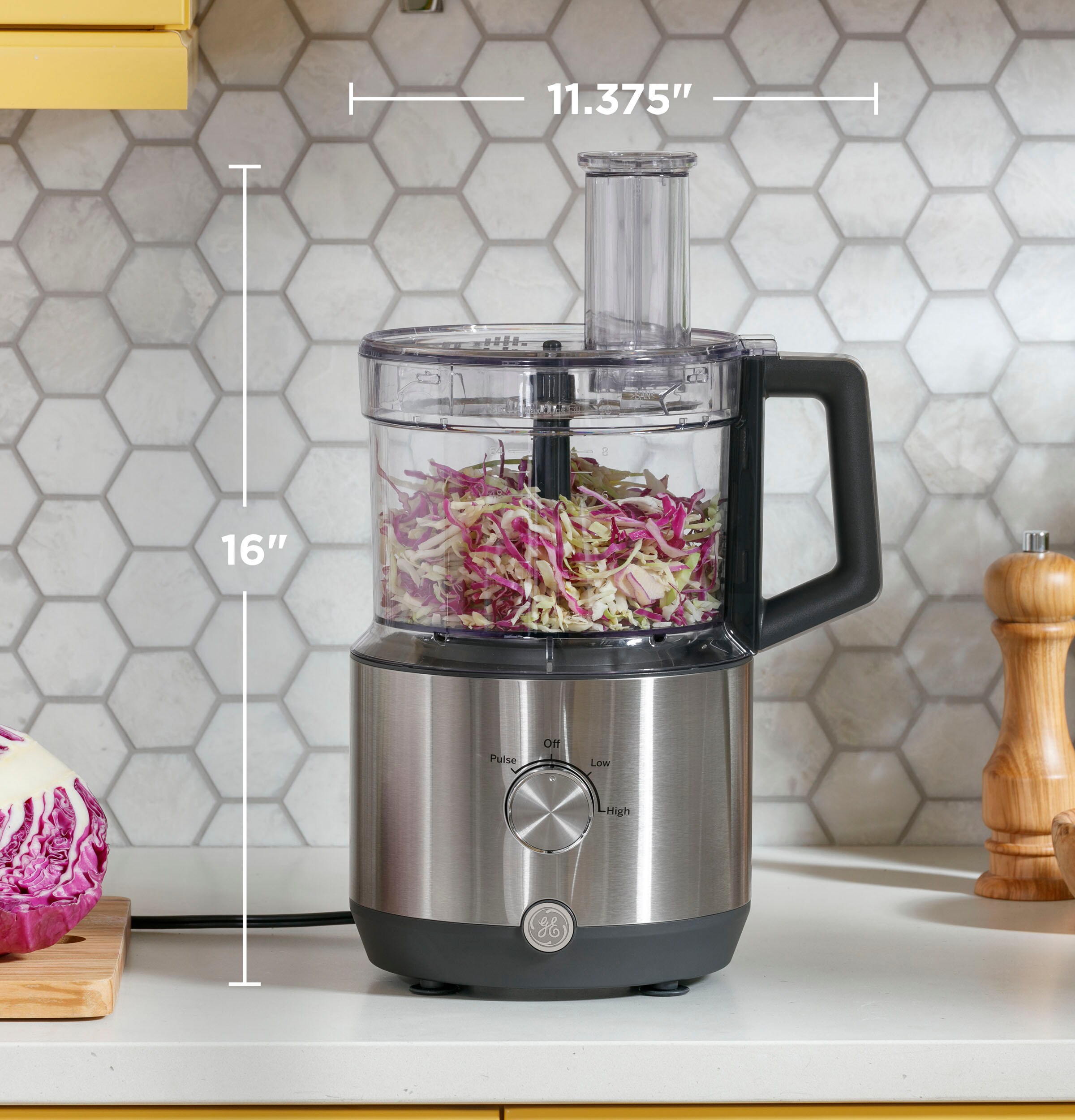 GE 12-Cup Stainless Steel Food Processor with 3 Variable Speeds