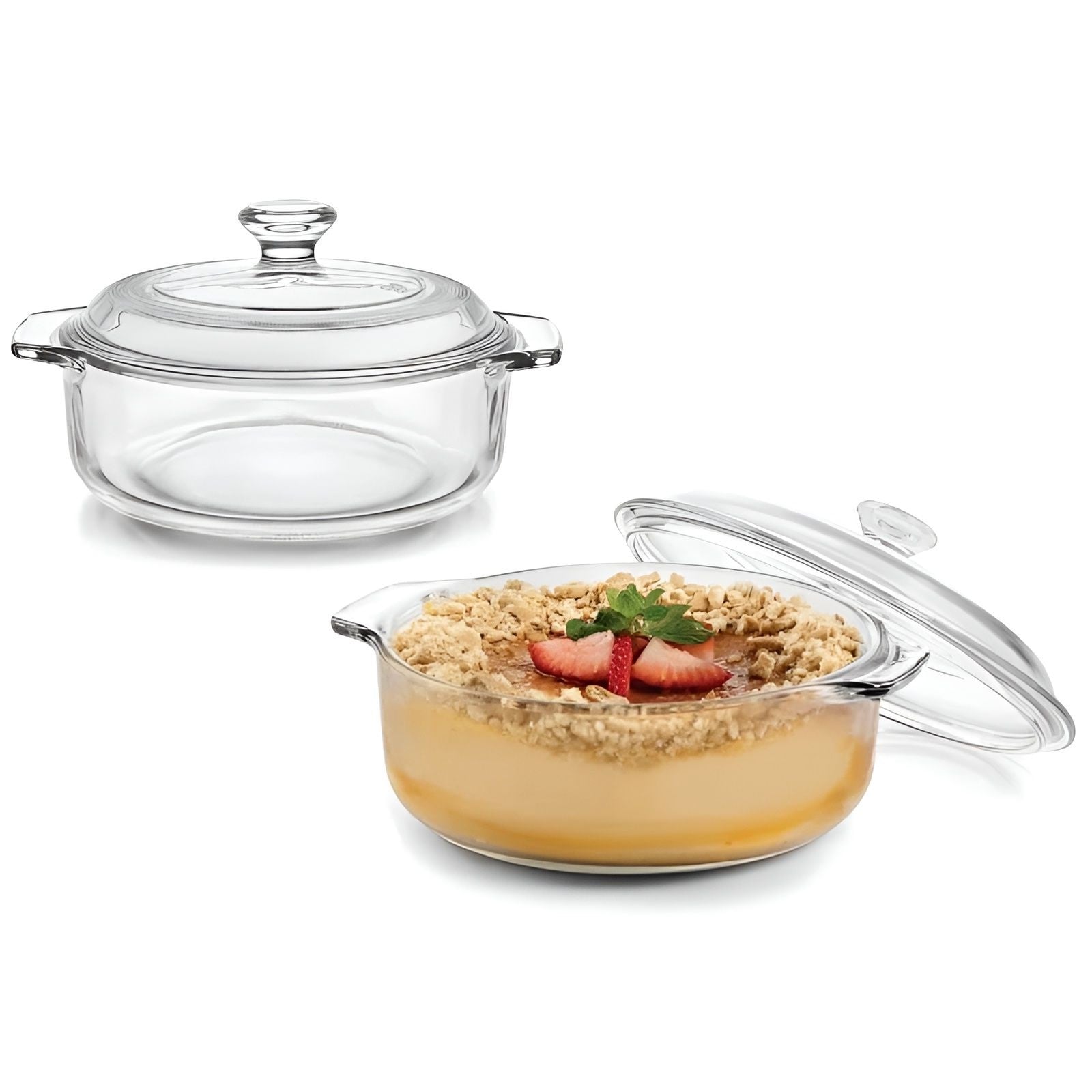 Slickblue Set of 2 Glass 1 Quart Dutch Oven Casserole with Lids for Kitchen Table or Storage