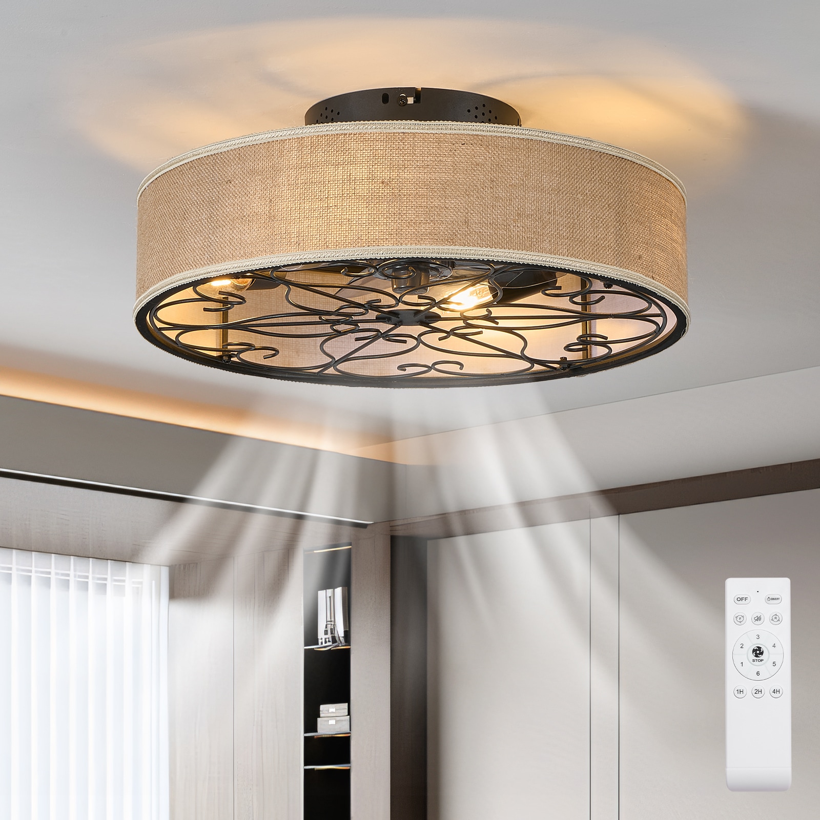 JUSHUA 20-in White Farmhouse Ceiling Fan with Light and 6 Speed Remote ...