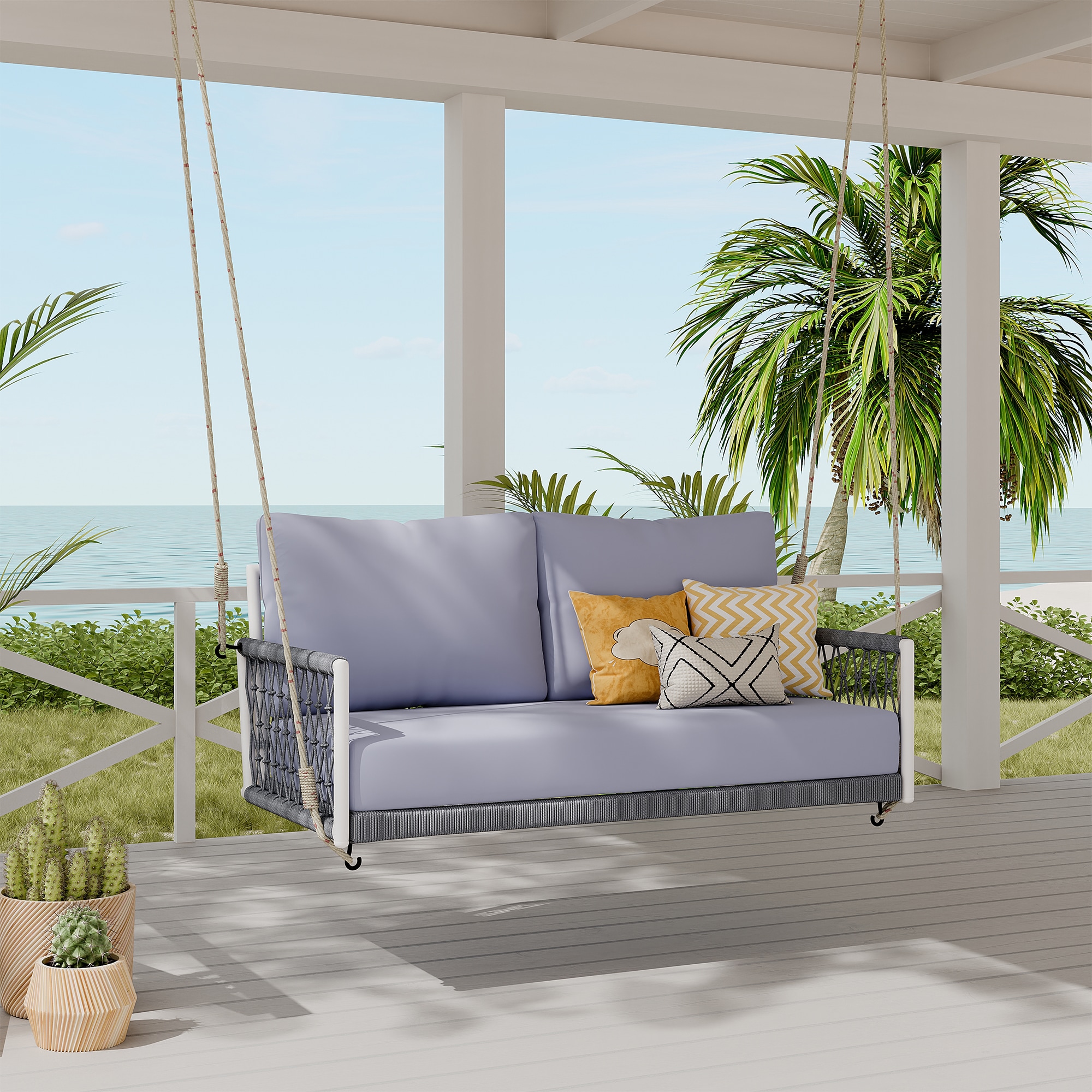 ModernLuxe L-WF320727AAE 1-Piece Woven Rope Outdoor Swing Sofa Light Gray Rope Hammock chair