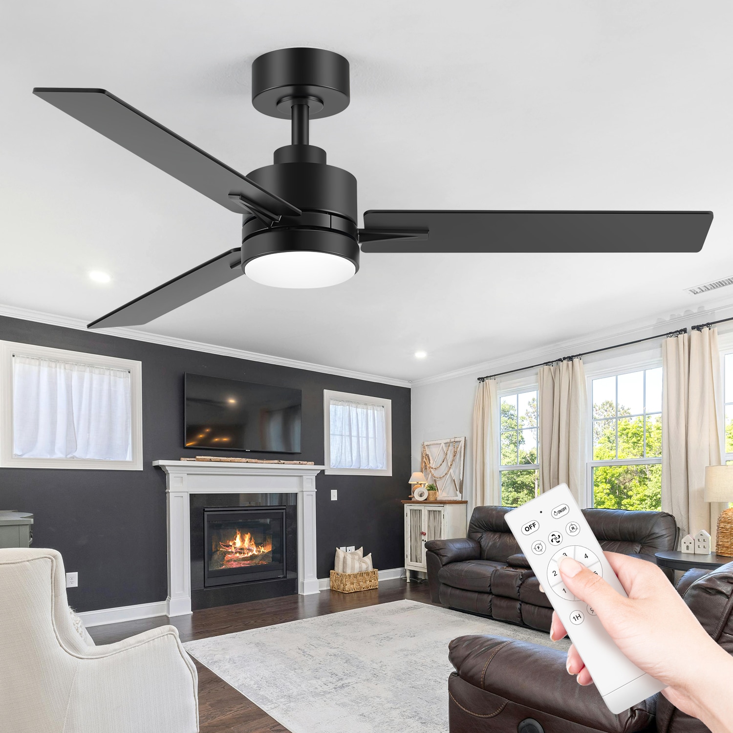 Breezary 30027-BK 48-in Color-Changing Integrated LED Matte Black with Black Blades Propeller Ceiling Fan With Light - Remote Included ( 3 -Blade )
