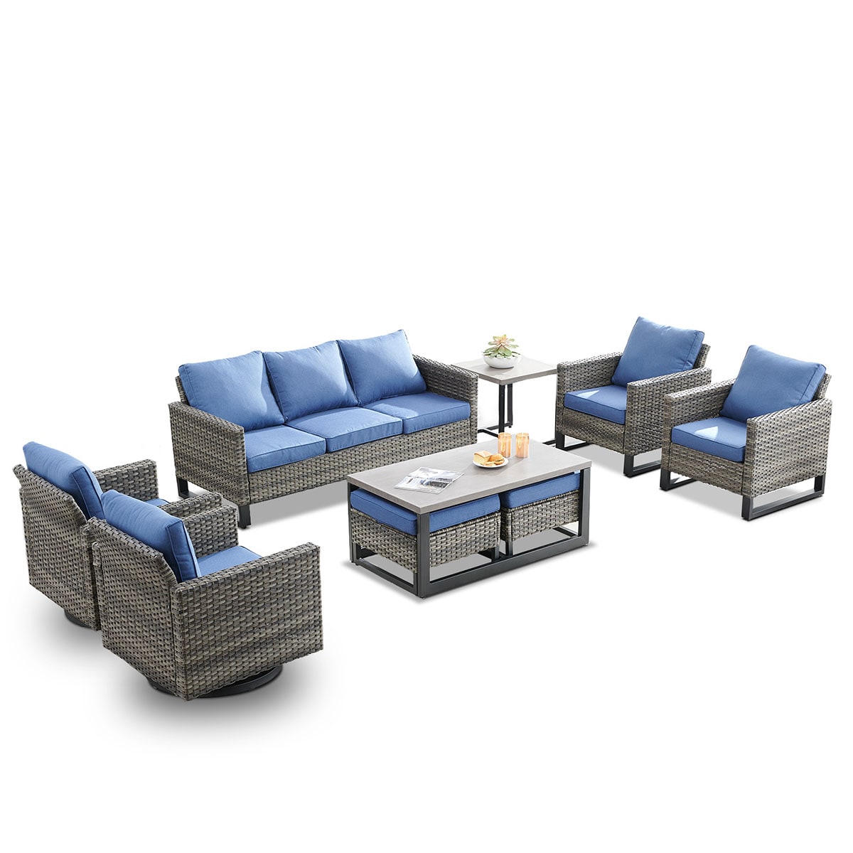 Rilyson FS062063069065070-1 9 -Piece Wicker Patio Sofa Conversation Set with Blue Cushions