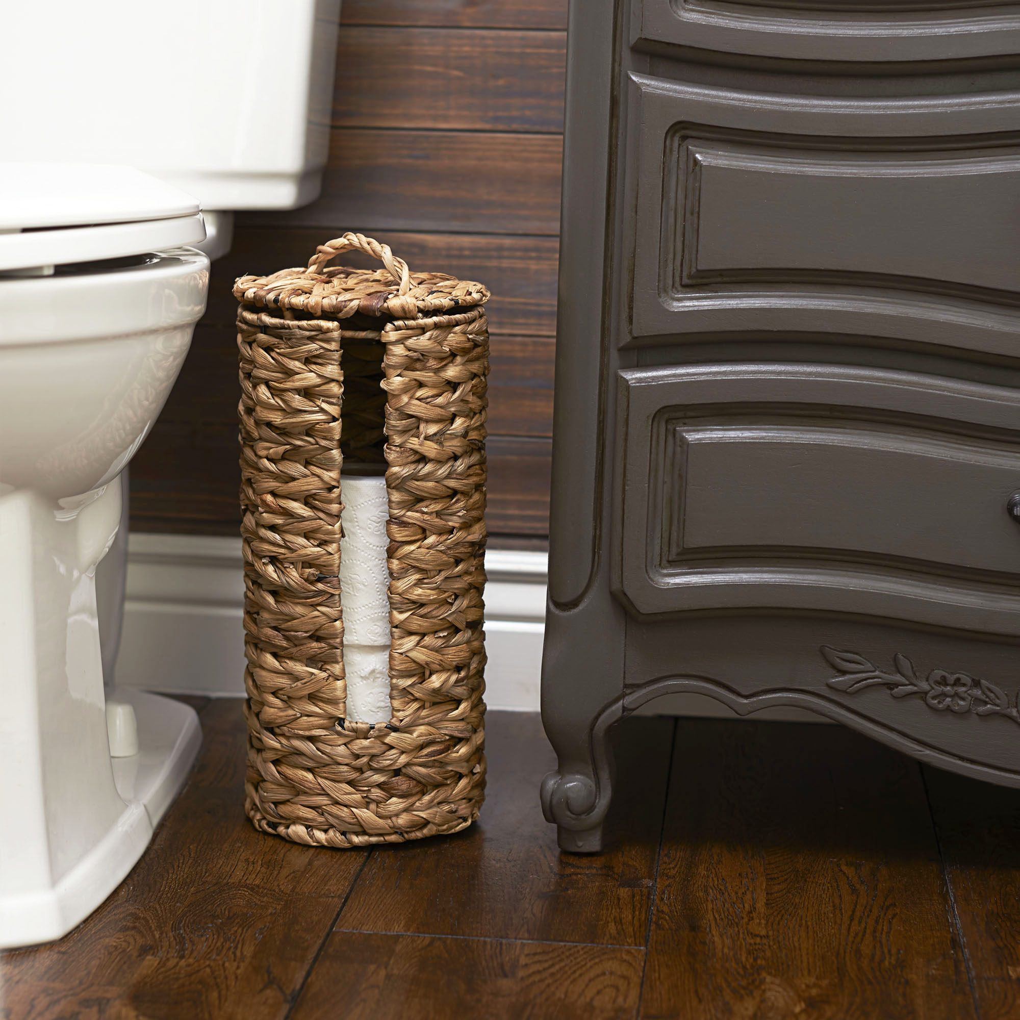Freestanding Toilet Paper Holder with Lid, Wicker Toilet Roll Holder,  Bathroom Storage Basket, Round, Natural