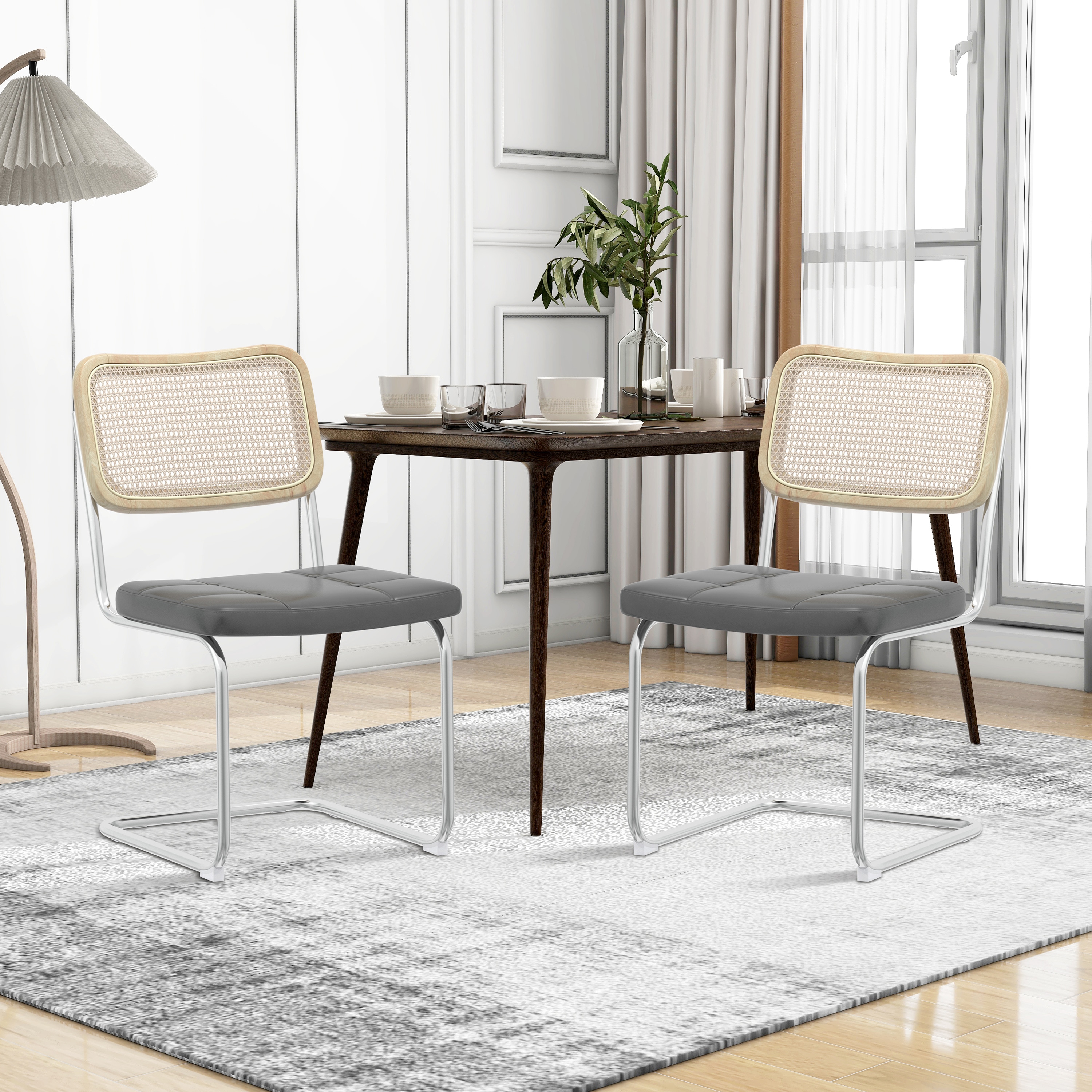 Gray Faux Leather and Rattan Low Side Chair Set