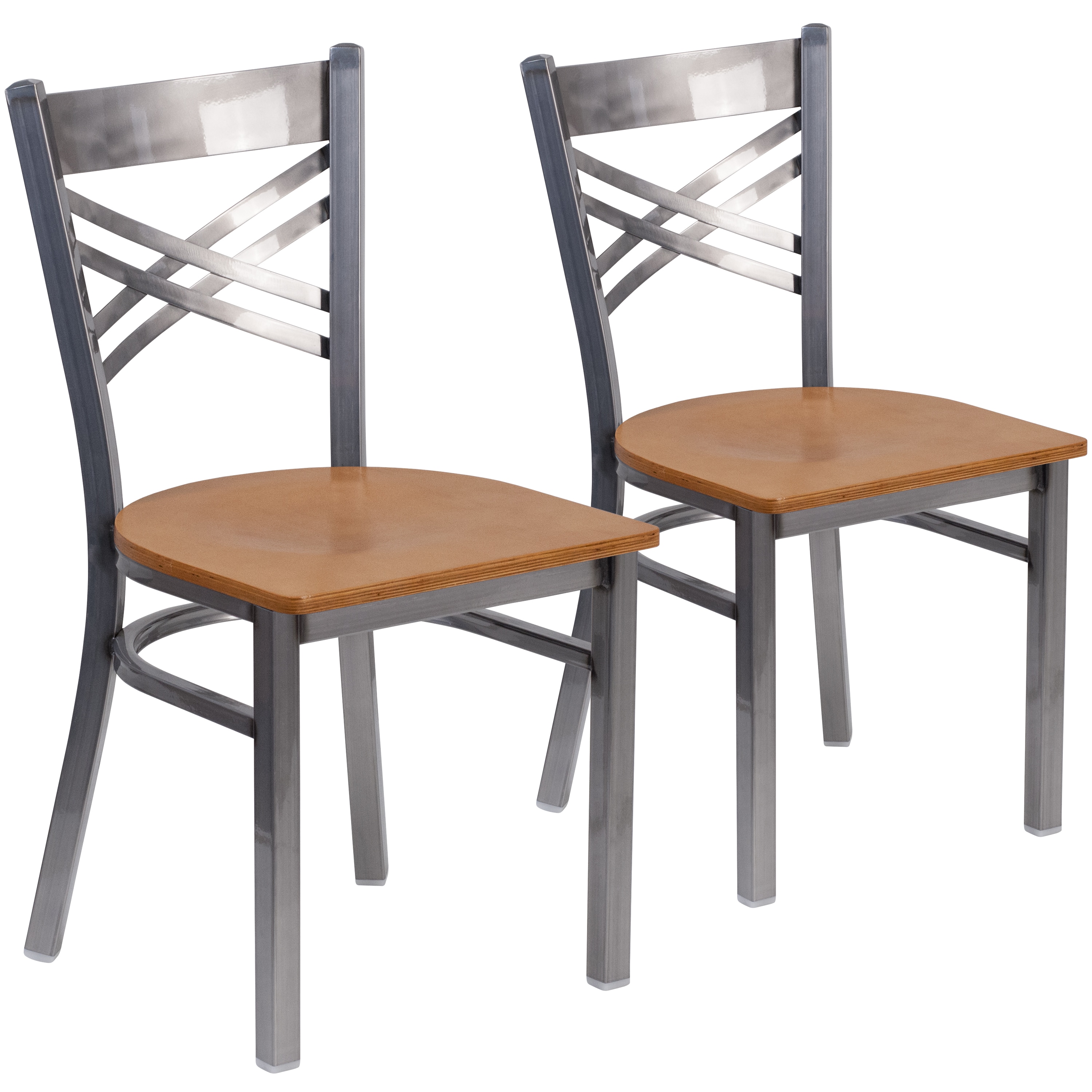 Emma + Oliver 889142910725 2 Pack Clear Coated X Back Metal Restaurant Chair - Natural Wood Seat