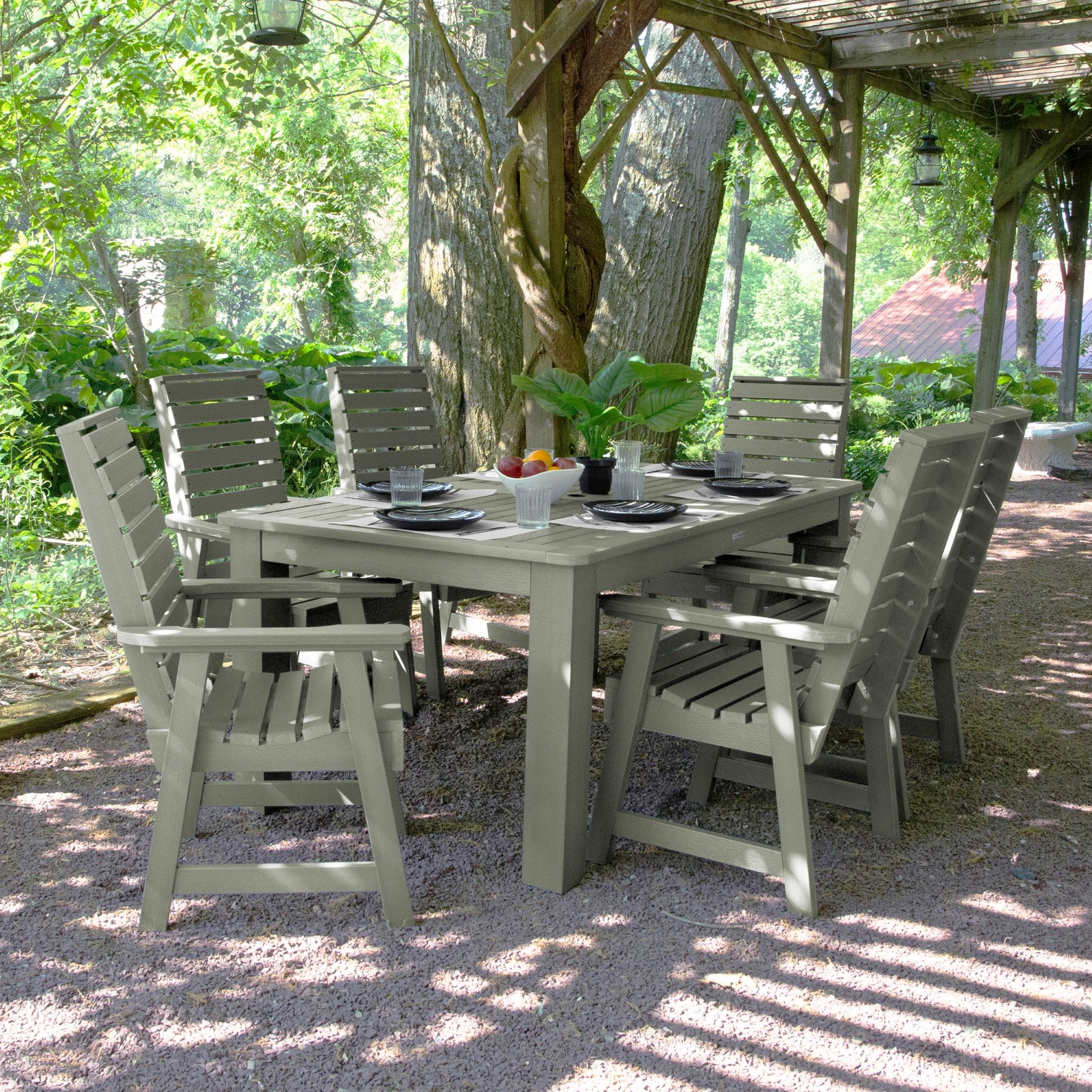highwood AD-ST7WL1CO4AA-EUC Weatherly 7 -Piece Eucalyptus Patio Dining Set Plastic Rectangle Table with 6 Stationary Chairs