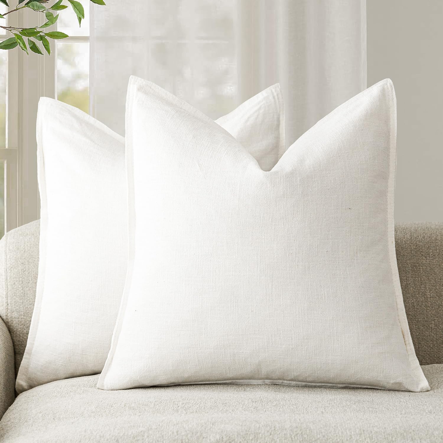 Phewnyzo  Pack of 2 Linen Cotton Throw Pillow Covers Flange Edge Neutral Cream White Decorative Cushion Case for Sofa Chair Bed Living Room 20 x