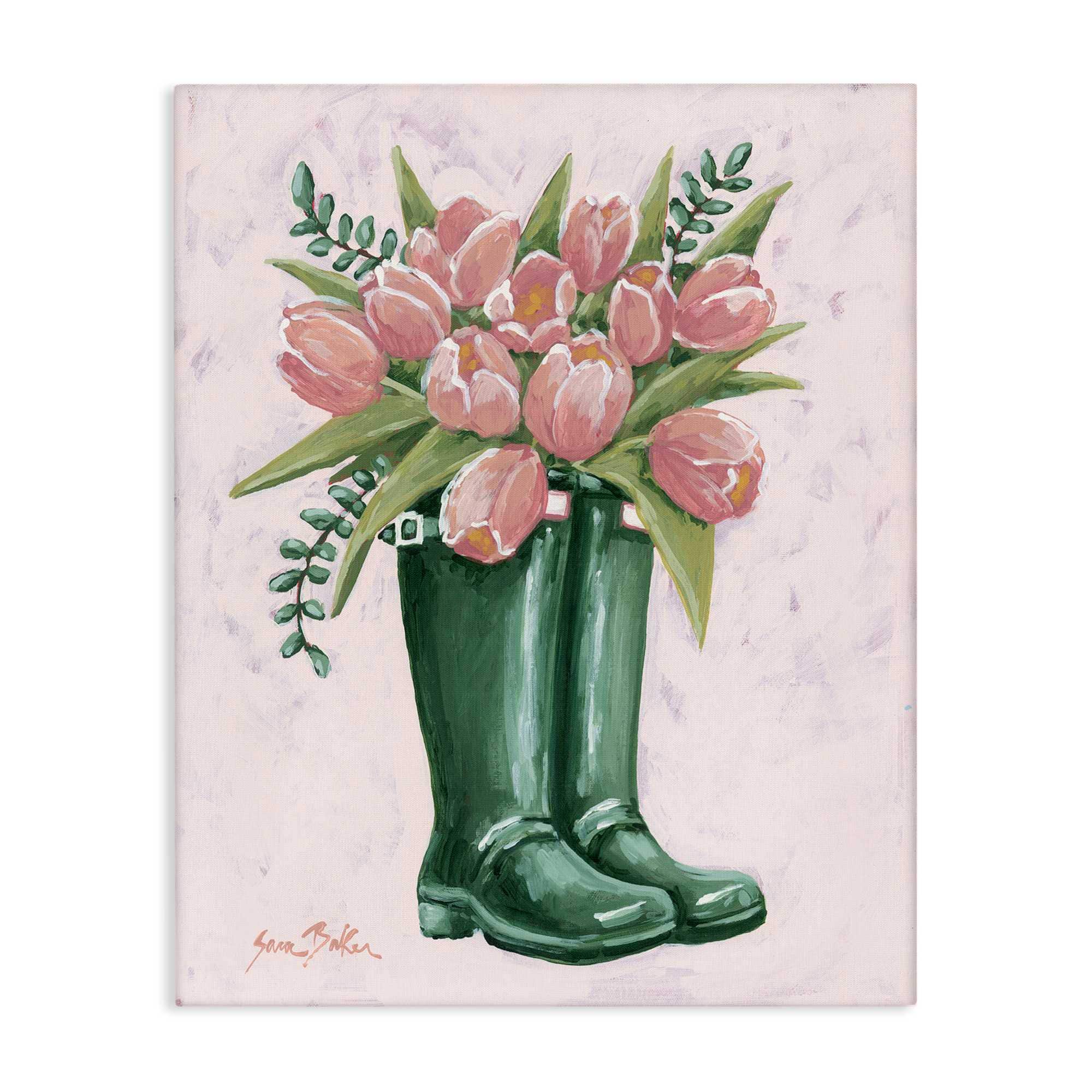Stupell Industries BS-672-CN-16X20 Pink Tulips in Boots Canvas Wall Art By Sara Baker 16 x 20