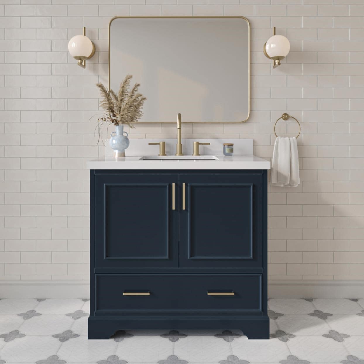 ARIEL - Stafford 36-in Midnight Blue Undermount Single Sink Bathroom Vanity with Pure White Quart...