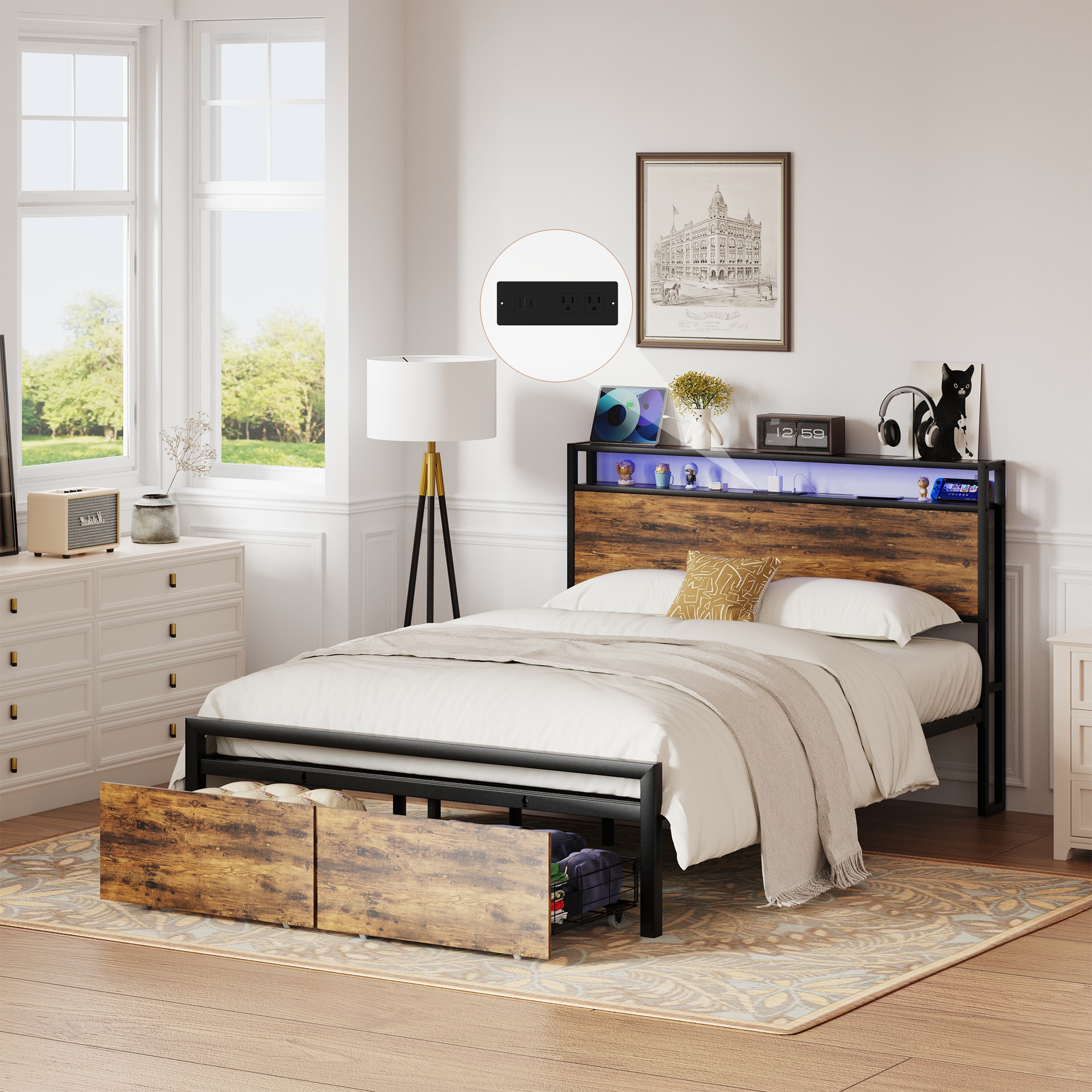 Full Size Dark Brown Wood and Metal Platform Bed with Storage Drawers and LED Light